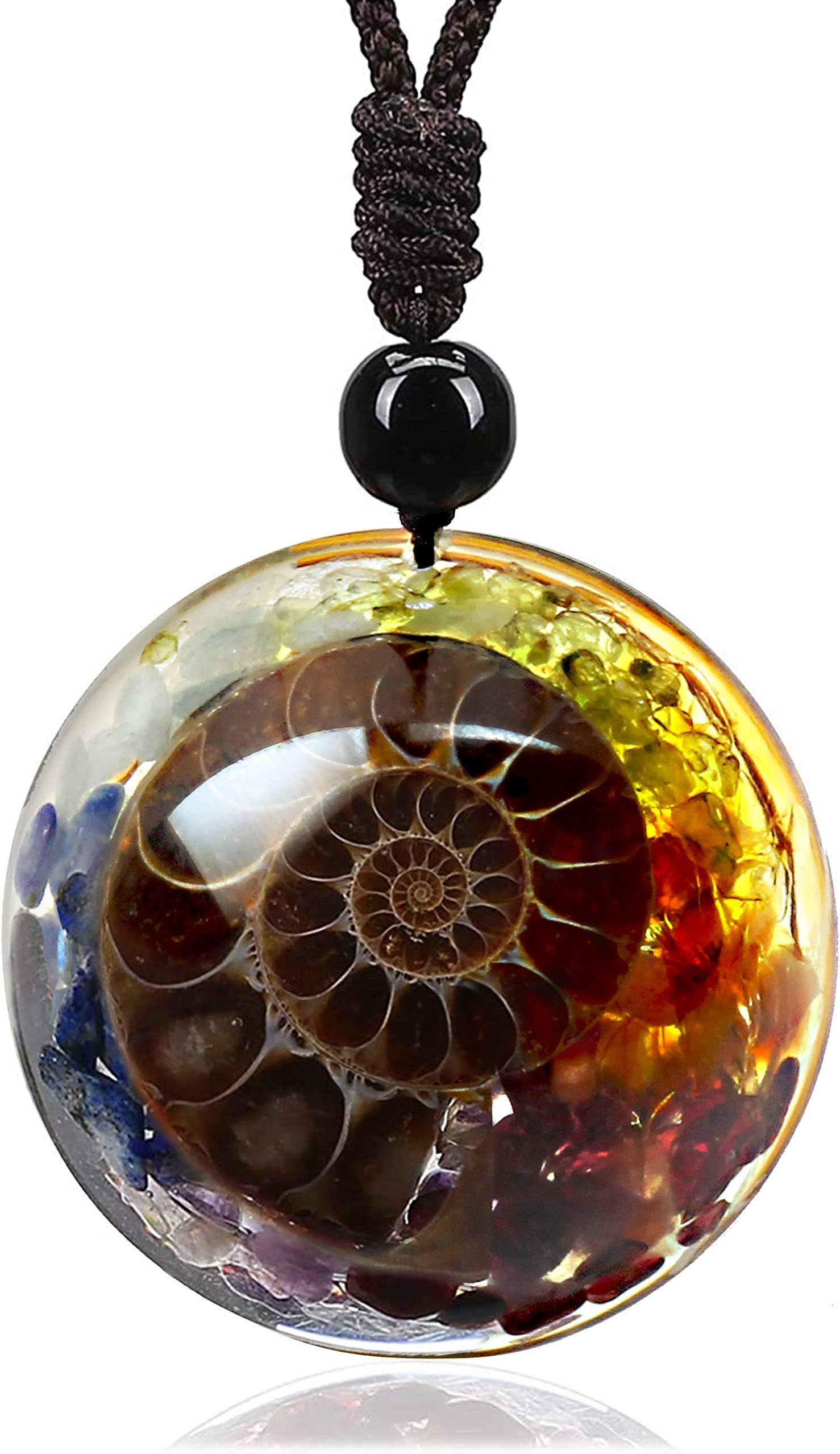 7 Chakra Natural Spiral Healing Crystal Necklace, Resin Ammonite Fossil Energy Stone Pendant, Adjustable Necklace Spiritual Jewelry Gift for Women Men