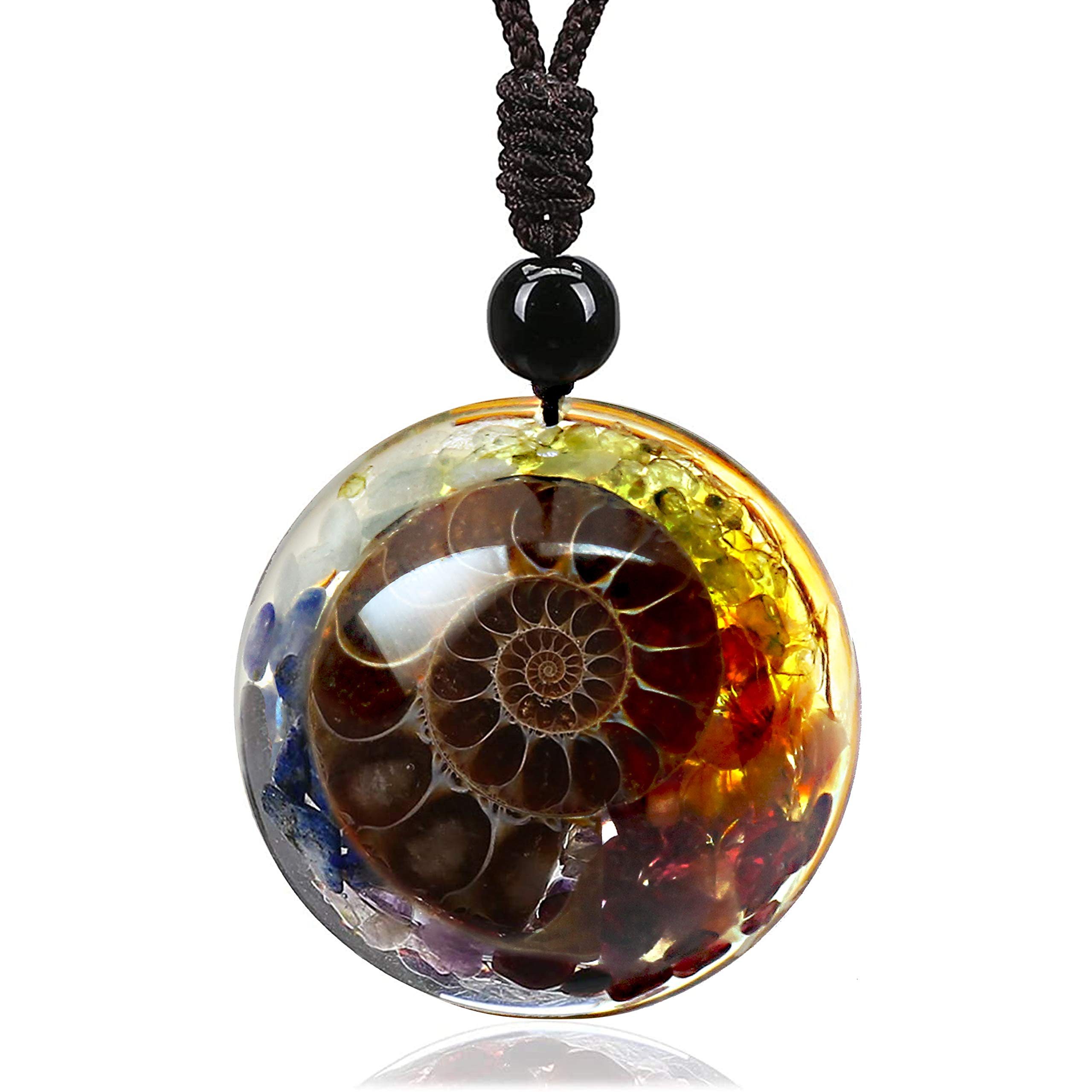 7 Chakra Natural Spiral Healing Crystal Necklace, Resin Ammonite Fossil Energy Stone Pendant, Adjustable Necklace Spiritual Jewelry Gift for Women Men