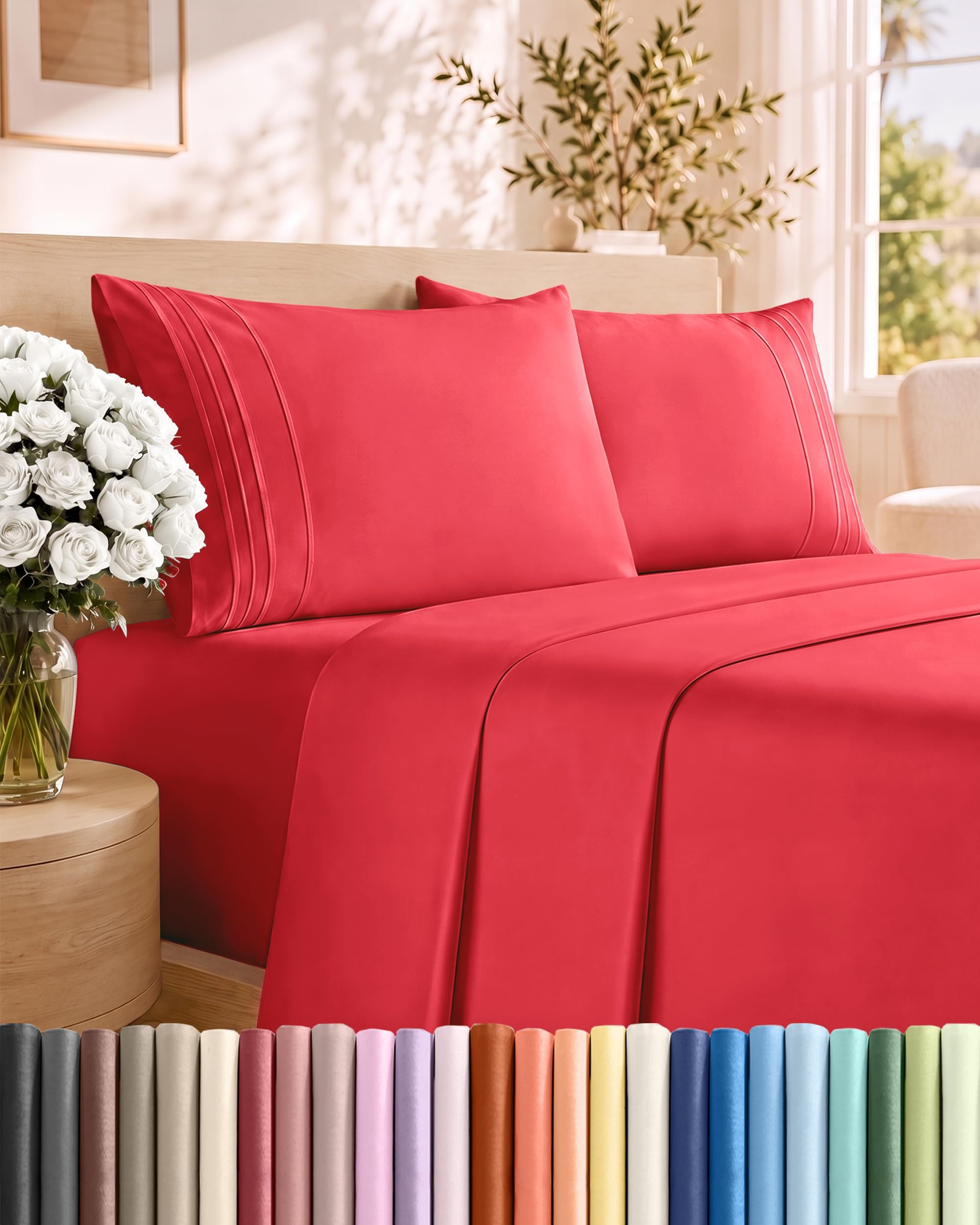 Queen Size 4 Piece Sheet Set - Comfy Breathable & Cooling Sheets - Red