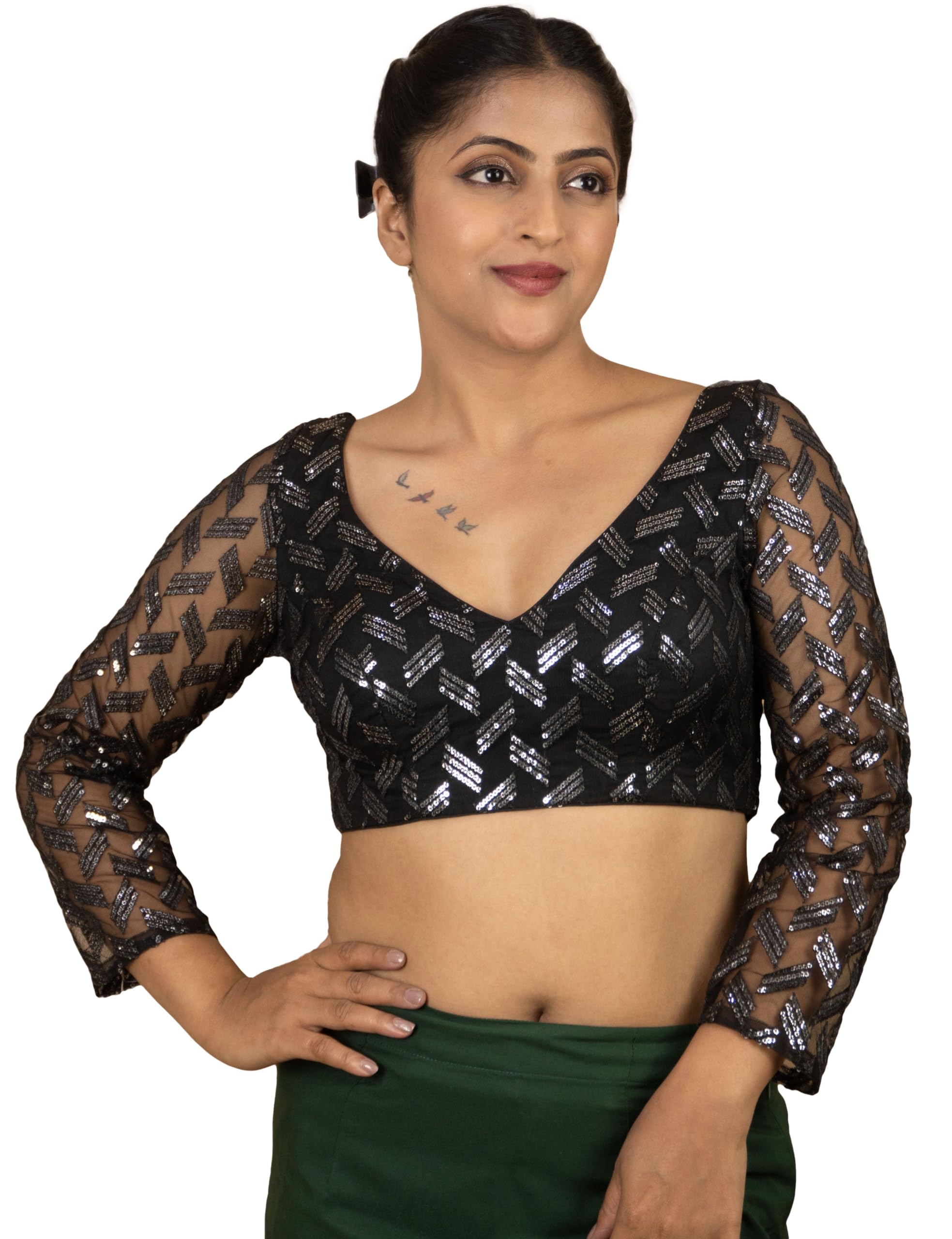 figure's designer Women's Sequin Embroidered V Neck Fancy Full Sleeves Designer Net Padded Readymade Saree Blouse Premium Lining Plus Size Top Lavender Wine Maroon Black Pink E10-picture-39