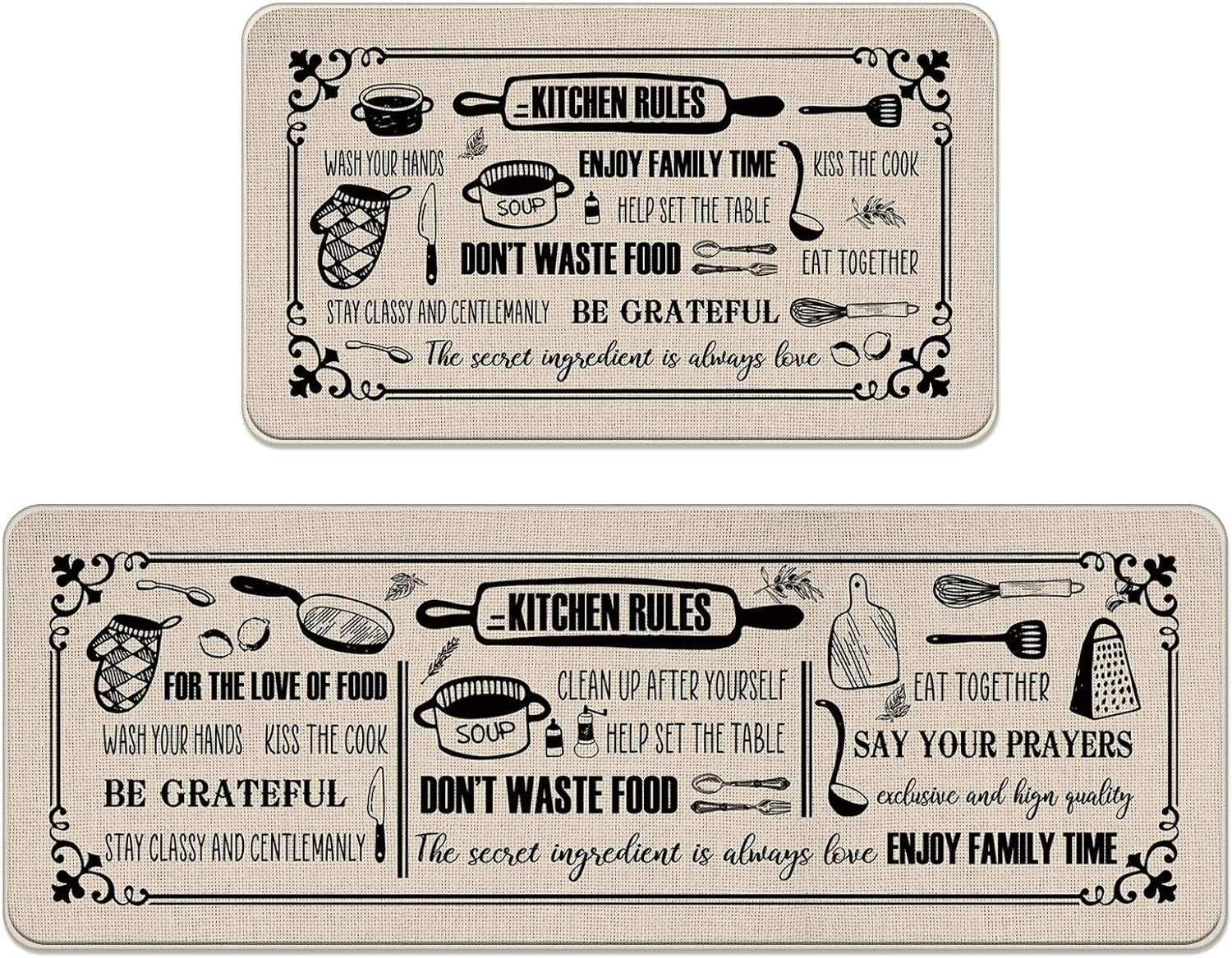 Vintage Kitchen Rules Kitchen Rugs Set of 2, Retro Cooking Tools Quotes Floor Mats Home Decor, Farmhouse Door Mat Decorations - 17x29 and 17x47 Inches