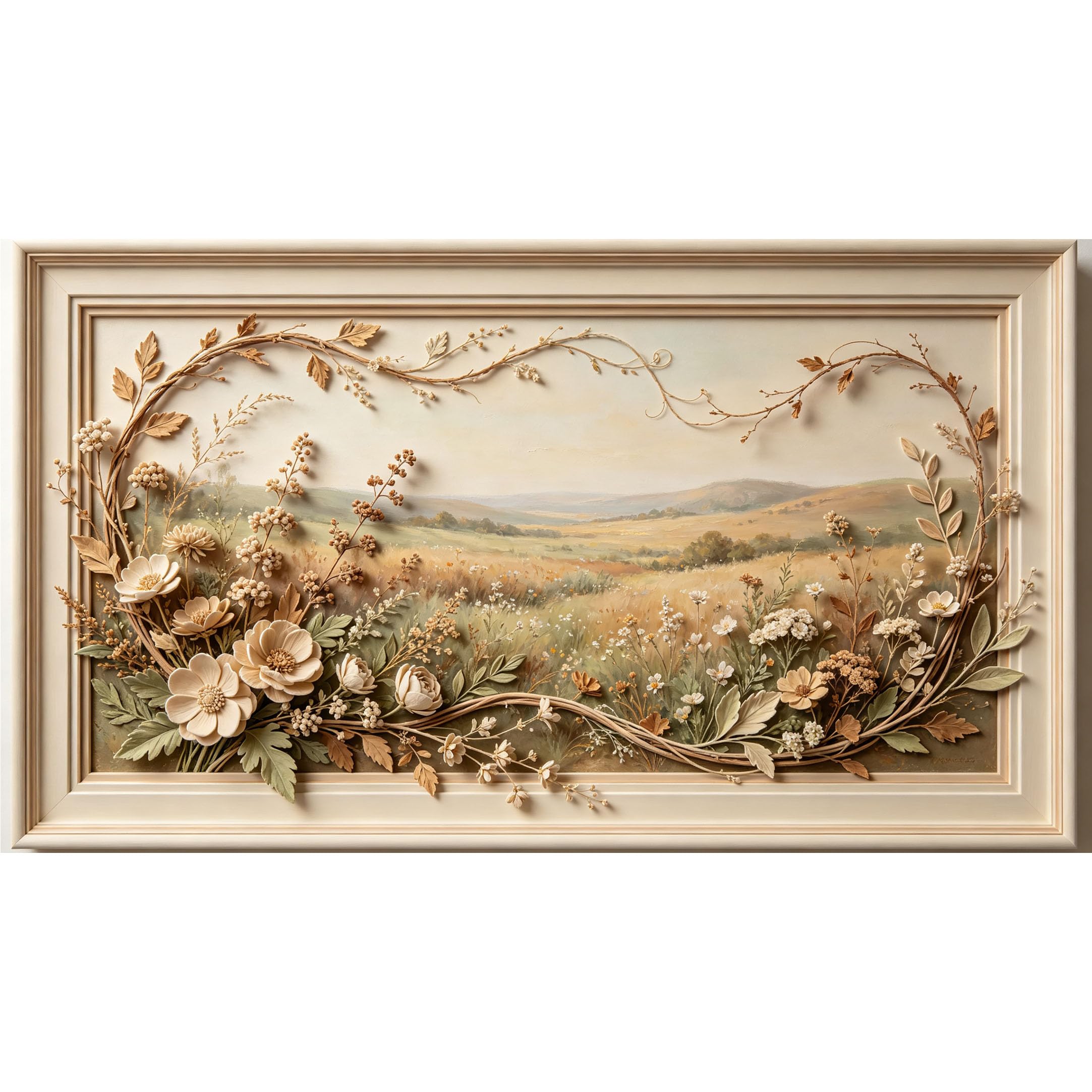 QZLITHOTIC 50×90cm3D Framed Wall Art， Botanical Meadow Landscape 3D Trompe l'oeil Self?Adhesive Mural， Water?Activated Peel & Stick Fabric Decor Wall Decal for Bedroom Living Room