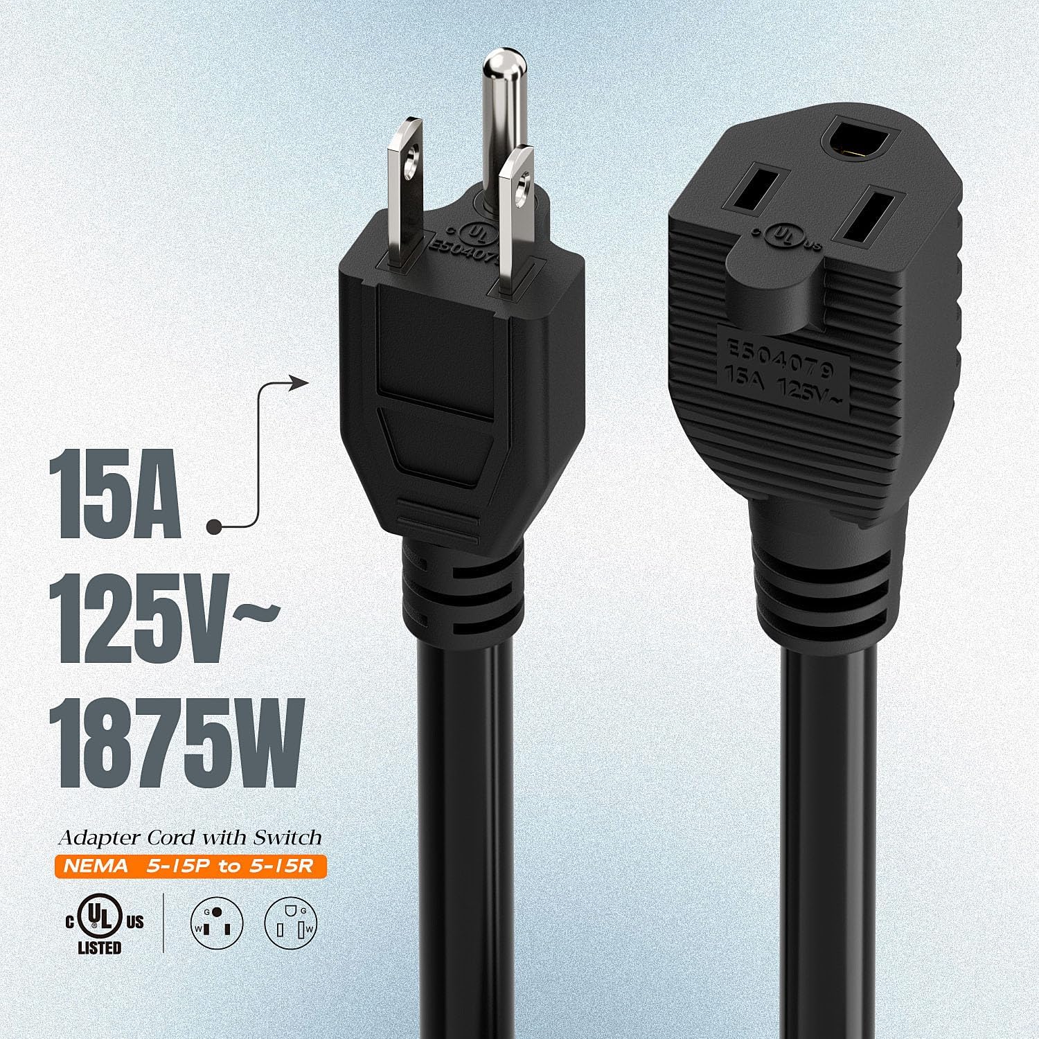 Inline On/Off Switch Extension Cord, Plugrand 3-Prong Household Switchable Power Cords, Heavy Duty 15A 125V, Double Break Switch Extension Cable, 40CM Cord