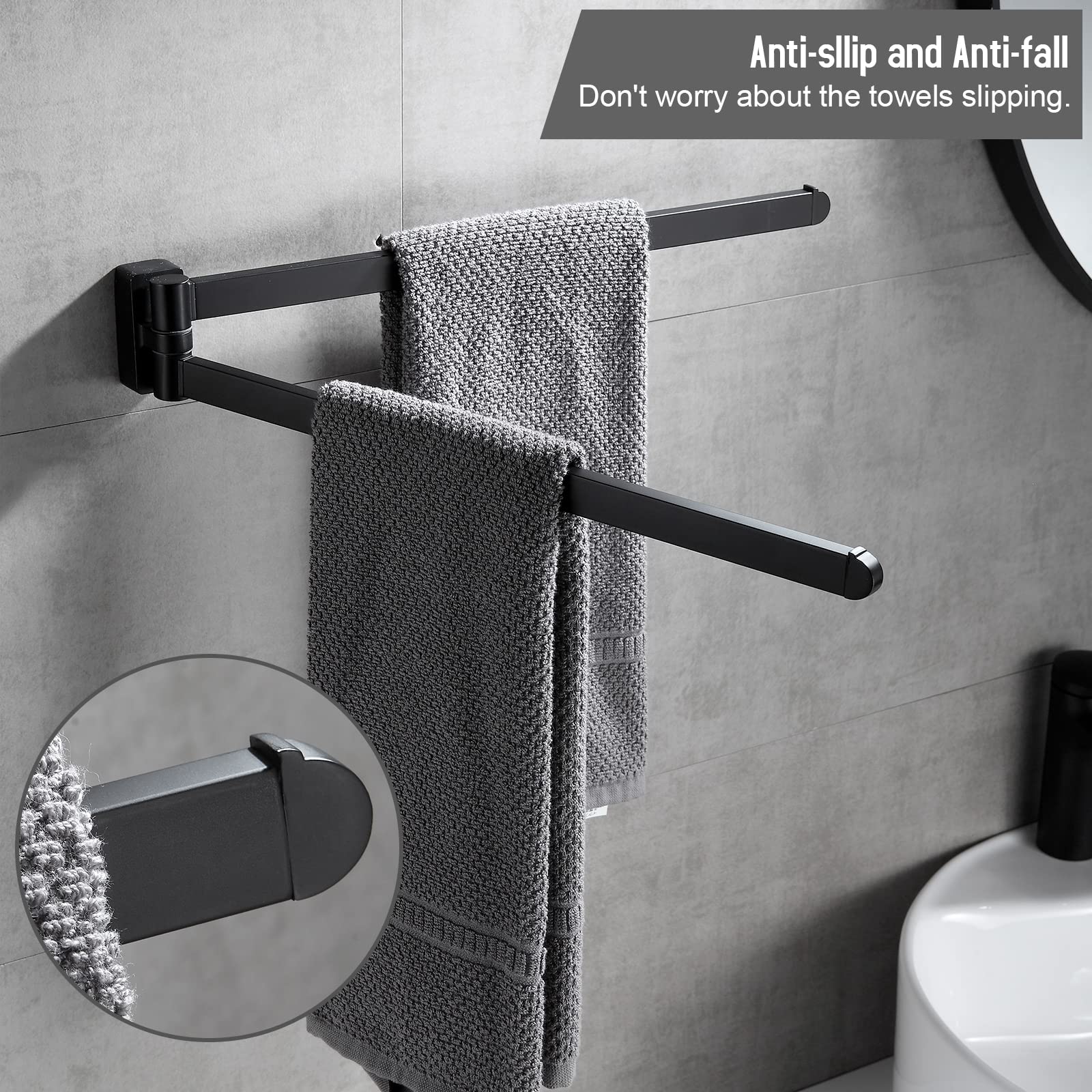 BGL Swivel Towel Rack Black Swivel Towel bar Movable Double Towel Rails Matt Rubber Black Bathroom Accessories - Image 3