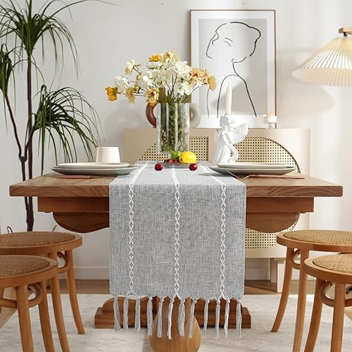 Miniatura 9 de Cenebonxy Camino de mesa rústico bohemio, camino de mesa de lino, camino de mesa de granja, 90 pulgadas de largo para decoración de mesa de comedor,