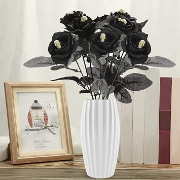 12 Pcs Black Roses with Skull Head, Halloween Artificial Black Flowers Faux Black Roses Silk Rose Flower Bouquet, Gothic Fake Black Rose for Party Arrangements Halloween Wedding Home DecorationBlack