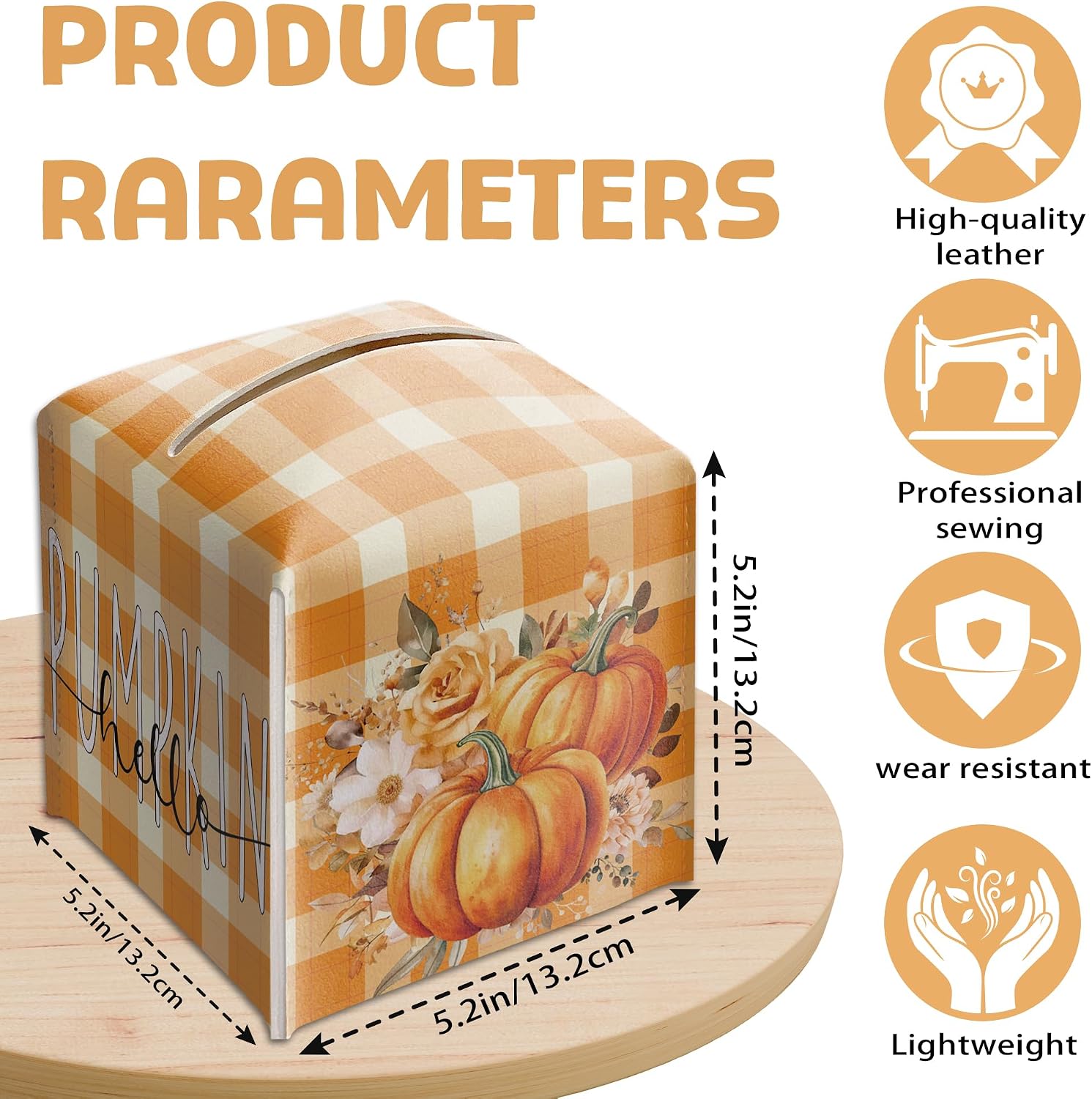 Fall Pumpkin Tissue Box Holder, Orange Plaid Leather Tissue Box Cover Square, Fall Harvest Facial Paper Organizer Dispenser Toilet Paper Holder for Bathroom Kitchen Office Home Decor-A19