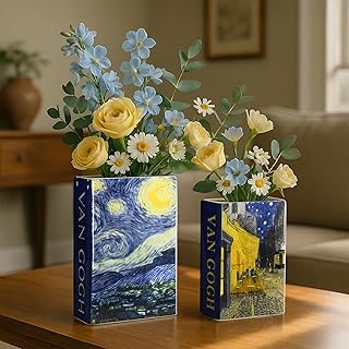 American Art Decor Van Gogh Starry Night & Cafe Terrace at Night Ceramic Book Vase Set - Decorative Tabletop Organizer Home Decor, Art Lover Gift, Bookish Storage Accent 2pc Set