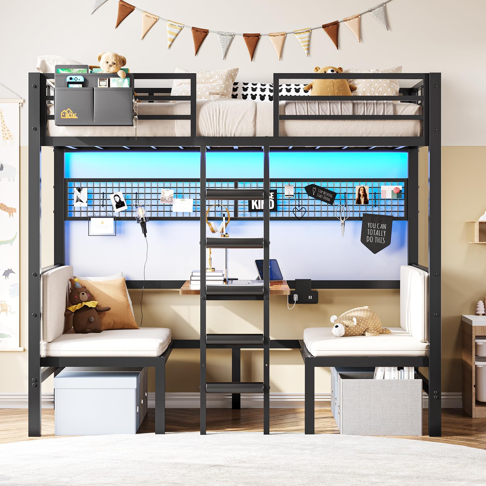 DICTAC Twin Over Twin Bunk Bed with Led Lights and Charging Station Convertible Loft Bed Twin Size with Desk and Seat Metal Bunk Bed with Desk & Safety Guard and Stair,Black(Cushion not Included)