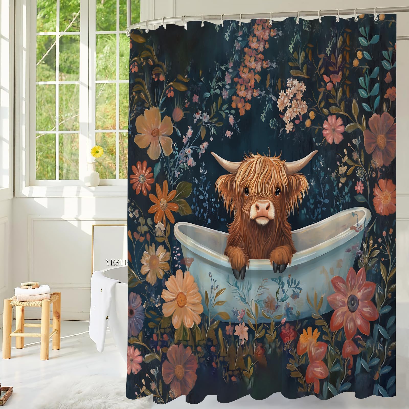 TSLOVER Highland Cow Shower Curtain – 72x72 Inch Cute Floral Farmhouse Bathroom Decor, Funny Baby Cow in Bathtub Bath Curtain for Kids and Animal Lovers