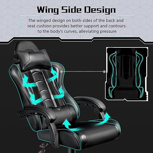 Miniatura 6 de Yaheetech Silla para videojuegos, silla de computadora con reposacabezas y soporte lumbar de masaje, silla de juegos ergonómica ajustable de altura