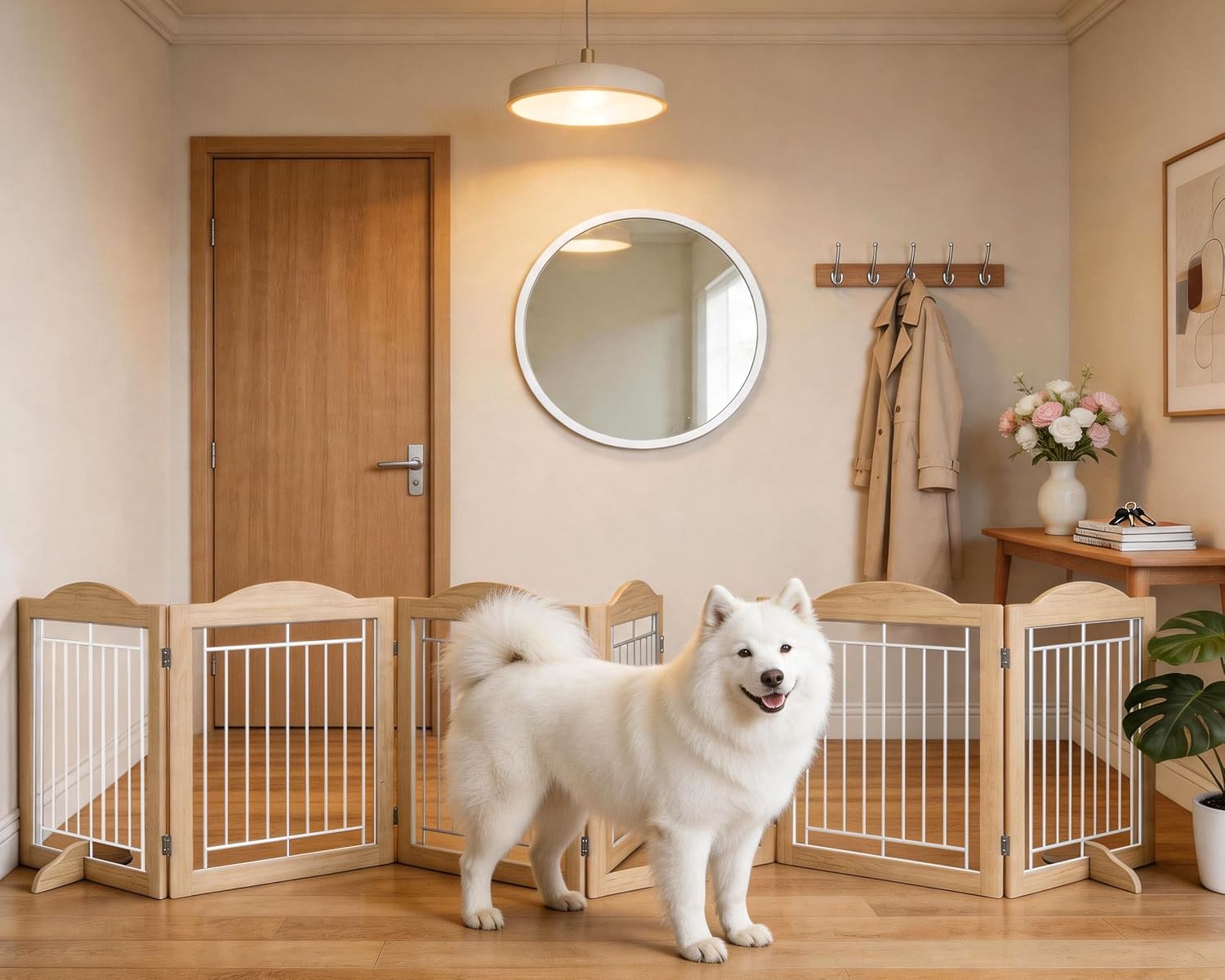 Vantas Folding No-Assembly Dog Door Pet Gate 144" Wide, 30" Tall Wooden Dog Gate with Door Walk Through, Freestanding Wire Safety Fence for Puppies, with 2PCS Support - Natural White