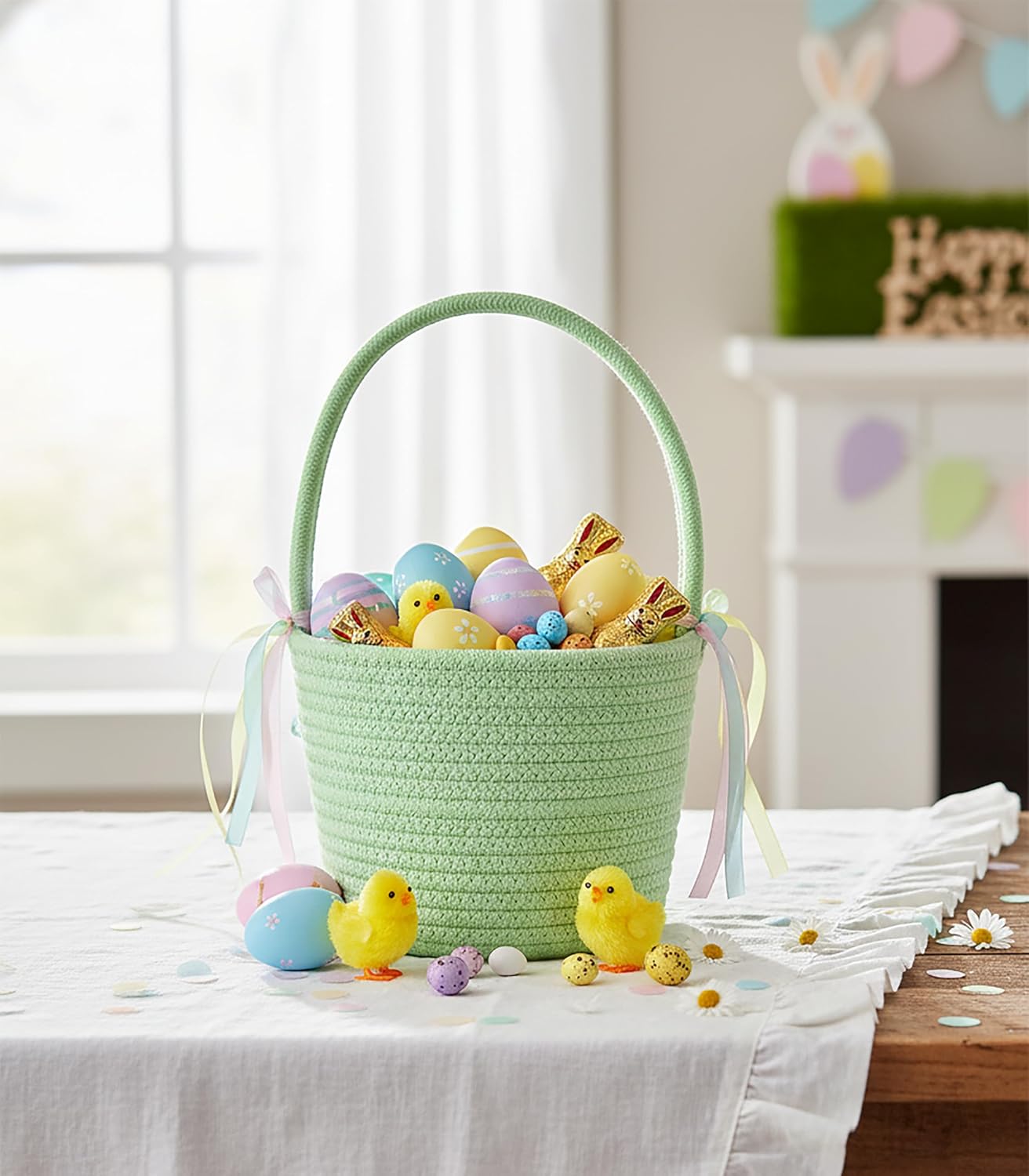 Prudance Green Small Woven Handle Basket, 6" x 5",Organizing Mini Items | Cotton Rope Gift Basket For Birthday, Easter, Christmas, Home Decor