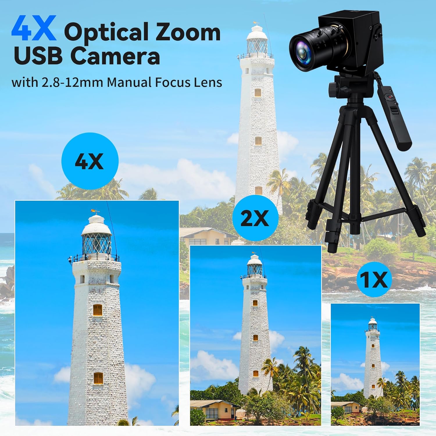 MMlove 1200P USB Camera, 4X Optical Zoom Webcam with 2.8-12mm Manual Lens,90fps Global Shutter High Speed Camera,Plug and Play,for Windows/Mac/Linux/Android, Conferencing/Streaming