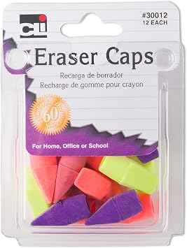 Charles Leonard Pencil Eraser Caps, Assorted Colors, 12 Erasers per Pack, 12 Packs 30012