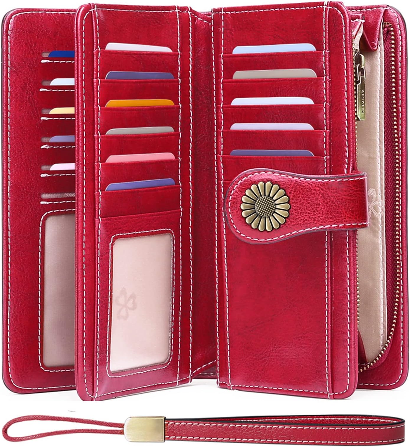 SENDEFNWallets for Women Genuine Leather Credit Card Holder with RFID Blocking Large Capacity Wristlet