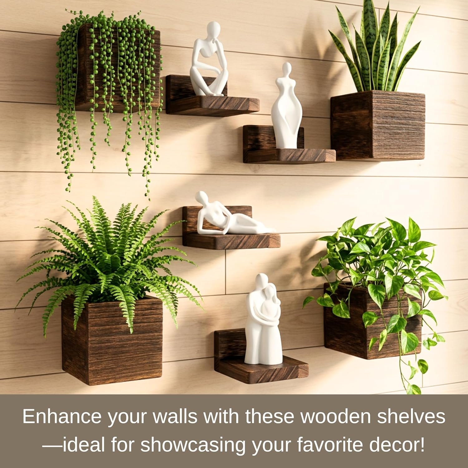 LaLaGreen Wall Planter 8 Pack (4 Boxes + 4 Shelves) Wooden Square Wall Hanging Planters with Floating Shelf, Small Cube Planter Boxes for Indoor Plants, Centerpieces, Living Room Home Decor Display