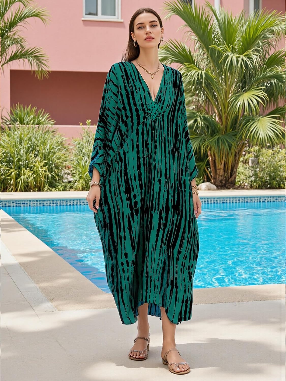 Kaftan Dresses for Women Plus Size Caftan Swimsuit Cover Up, Boho Beach Dress with Batwing Sleeves - Image 4