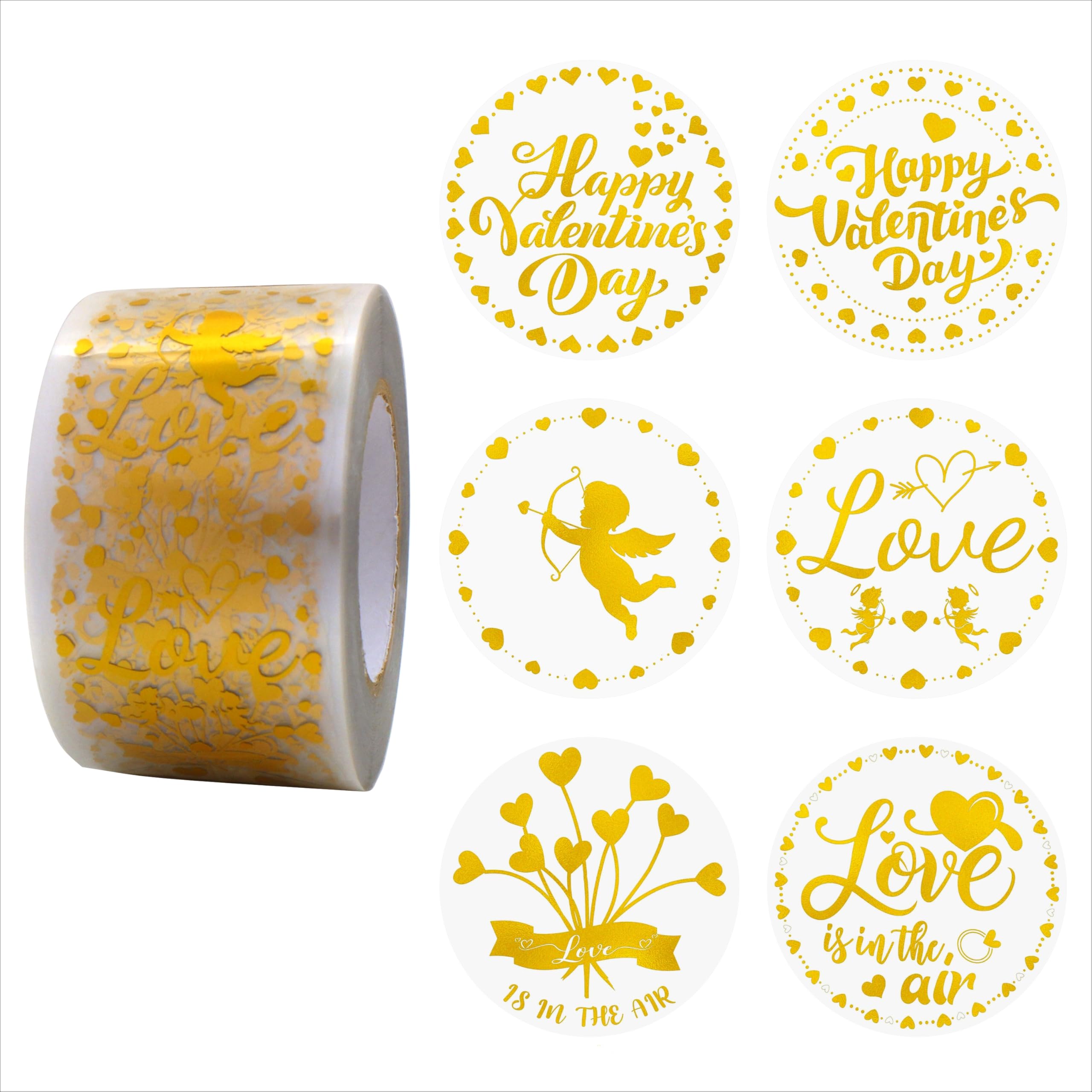 Masper Valentines Stickers, 3.8 cm, 600 Sheets, 6 Waterproof Transparent Gold Foil Shiny Designs, Valentine's Day Stickers for Valentine's Day Decorations Gifts Cards Crafts Bags Envelopes