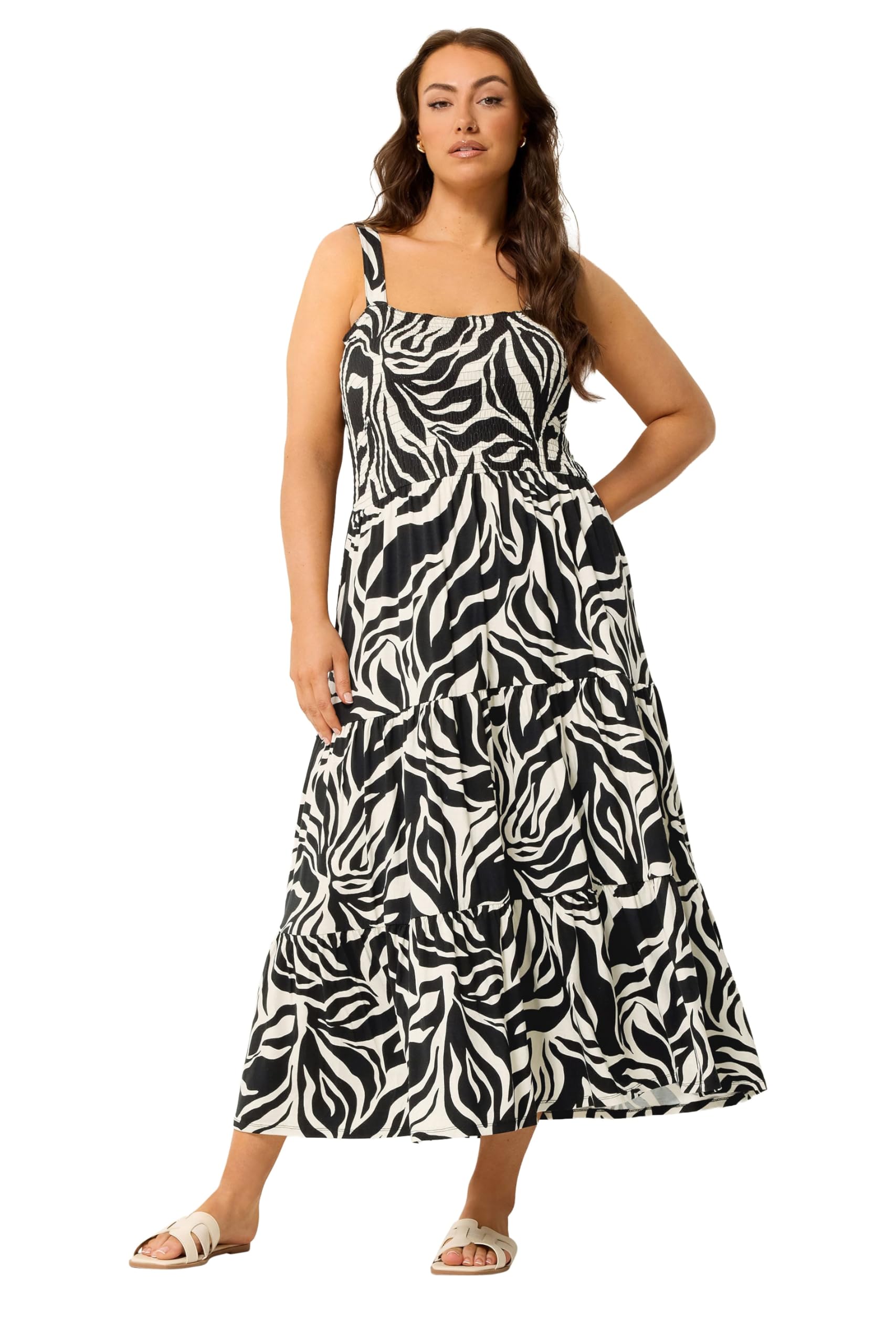 Yours Curve Zebra Print Shirred Midi Dress - Women's - Plus Size Curve Black