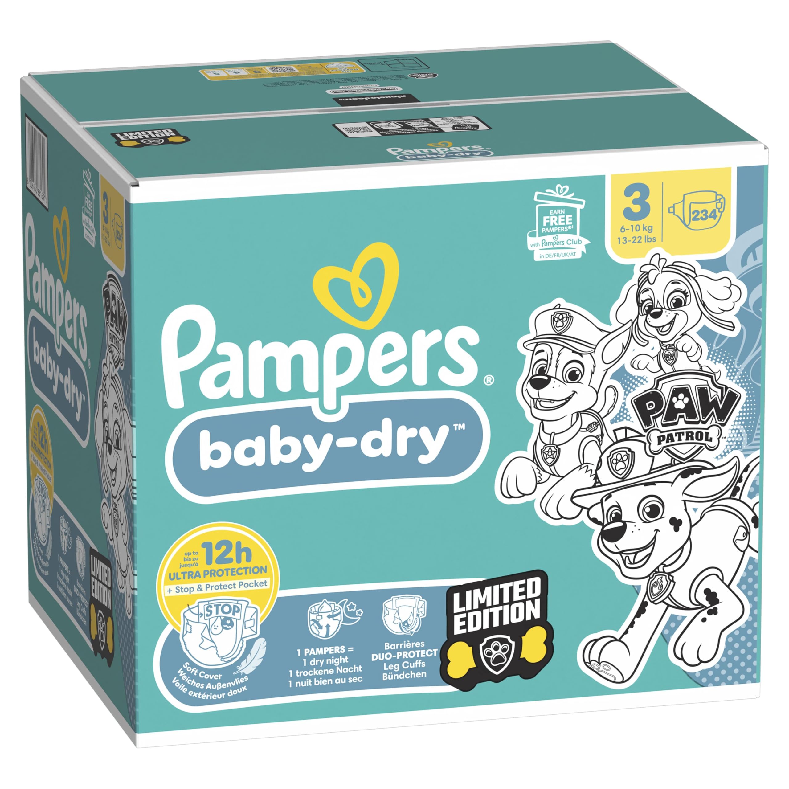 Pampers Baby-Dry, Taille 3, 234 Couches, 6-10kg, A La Rescousse Contre Les Fuites Grâce A Une Protection Intégrale Jusqu'à 12h, Edition Limitée avec La Pat’Patrouille, Pack 1 Mois