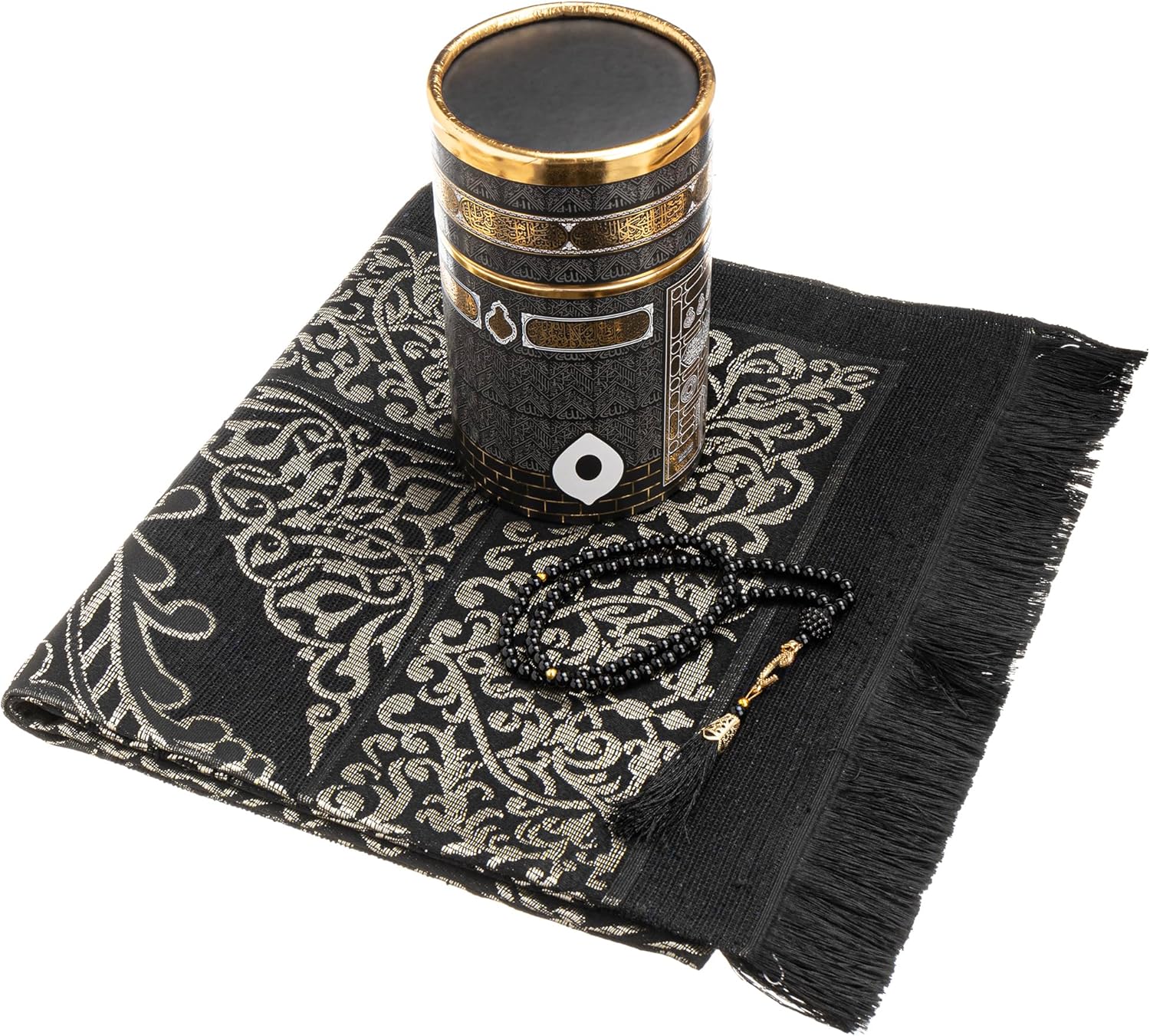 Modefa Islamic Gifts Prayer Mat | Thin Woven Praying Mat Muslim Prayer Rug | Muslim Gifts for Men Ramadan Gifts with Tesbih Prayer Beads | Ottoman Rug with Cylinder Gift Box Set (Black with Box)