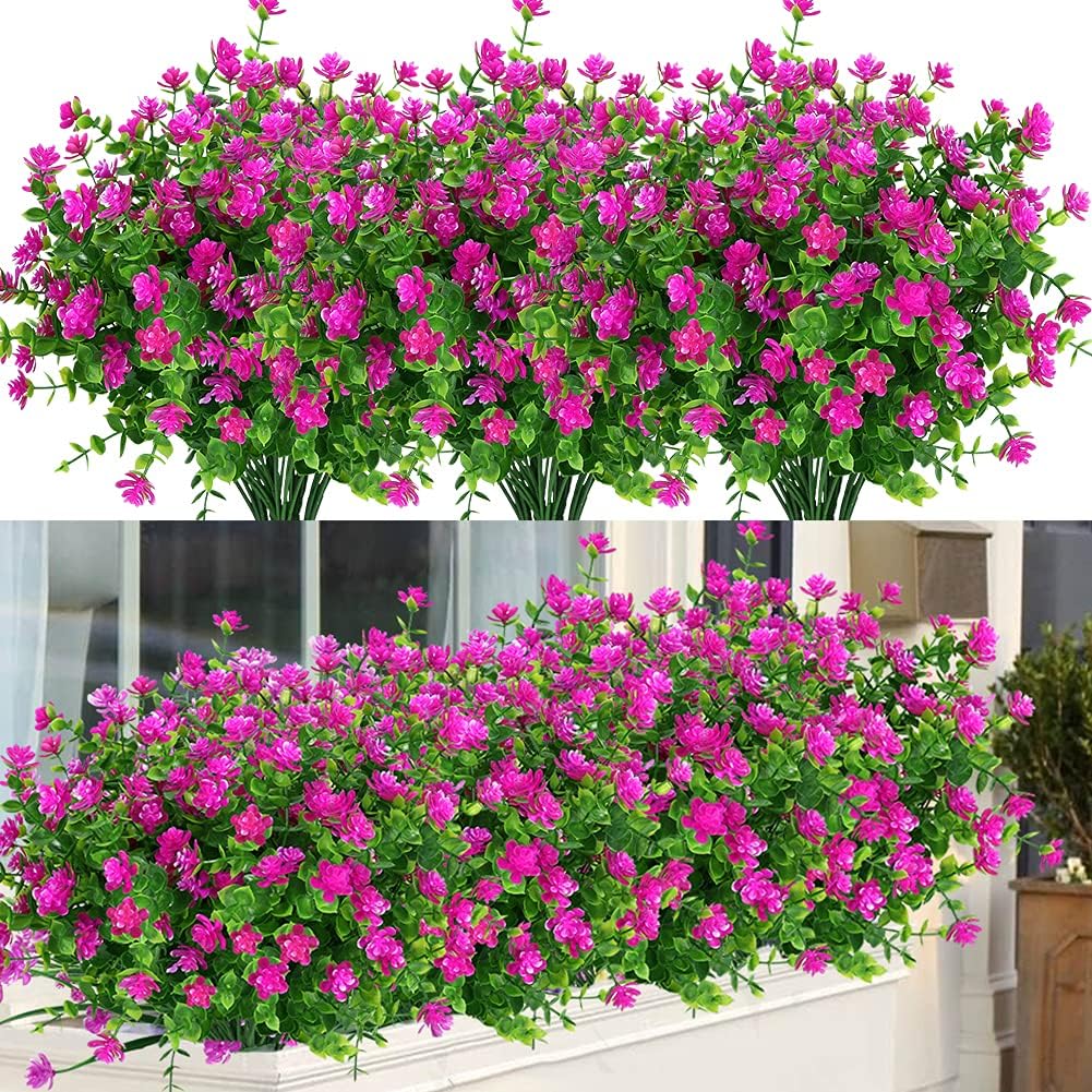24 Bundles Outdoor Artificial Flowers UV Resistant Fake Boxwood Plants, Faux Greenery for Indoor Outside Hanging Plants Garden Porch Window Box Home Wedding Farmhouse Décor (Magenta)