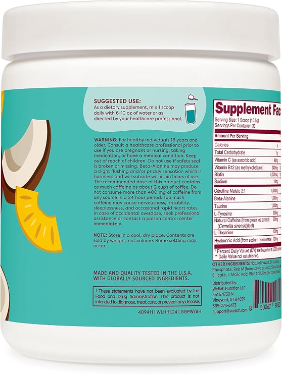 Wellah Pre-Workout Powder (Blue Hawaii) 30 Servings | With Citrulline Malate and L-Theanine, 200mg of Natural Caffeine & 1000mg of Beta-Alanine