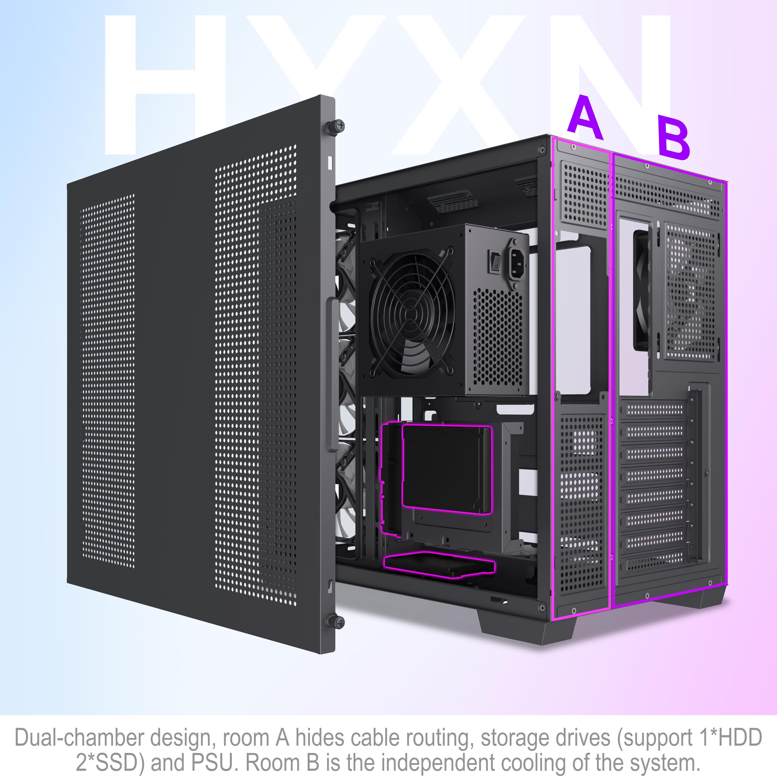 H1 ATX PC Case-Pre-Installed 7 PWM ARGB Fans, Dual Chamber Mid-Tower Gaming PC Case, with Type-C, Simultaneous Installation of 3x 360mm Radiators, Black (Black, H1) — view 11