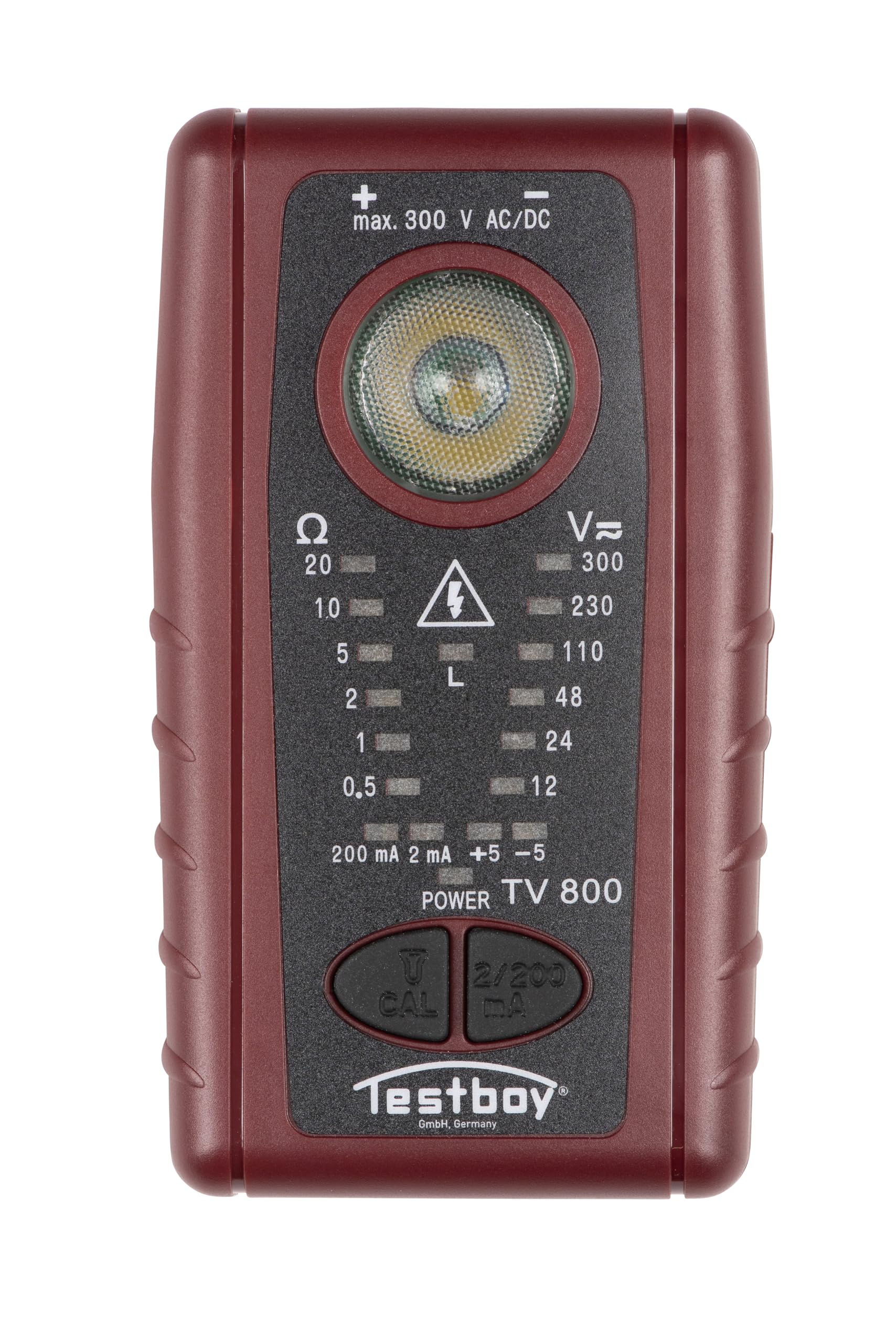 Testboy TV 800 Niederohmprüfgerät mit 200 mA gemäß EN 61557-4 (Durchgangstest inkl. Spannungstest bis zu 300 V AC/DC, integrierte hochleistungs LED, berührungsloser Spannungstester), Rot