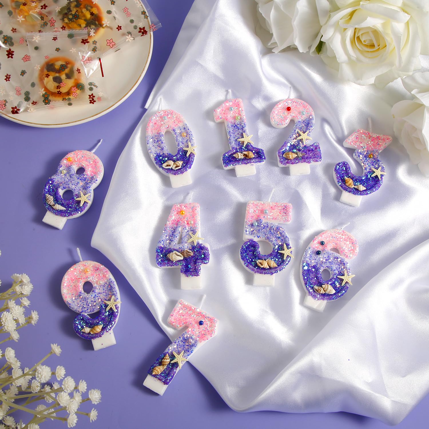 Candele Numero Sirena, 6 Pezzi Per Torta, Decorazioni Tavolo Con Conchiglie E Paillettes, Numero 8, Viola E Rosa, Perfette Per Festa A Tema Marino