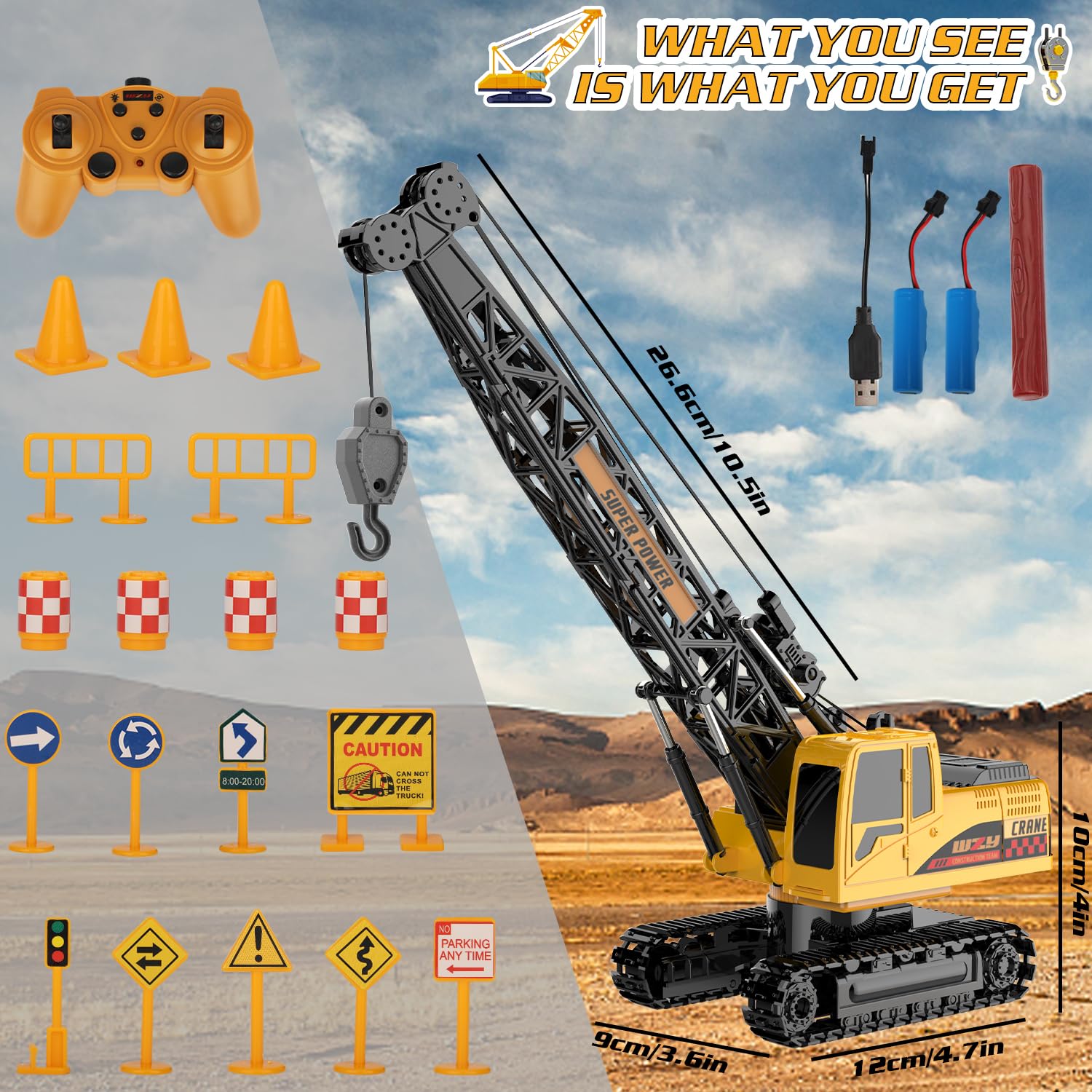 Grue Telecommandée Enfant, Jouets Gruejouet Enfant avec 20 Mini Panneau Signalisation Lumières et Sons Réalistes, Cadeaux d'anniversaire de Noël pour Garçons Filles
