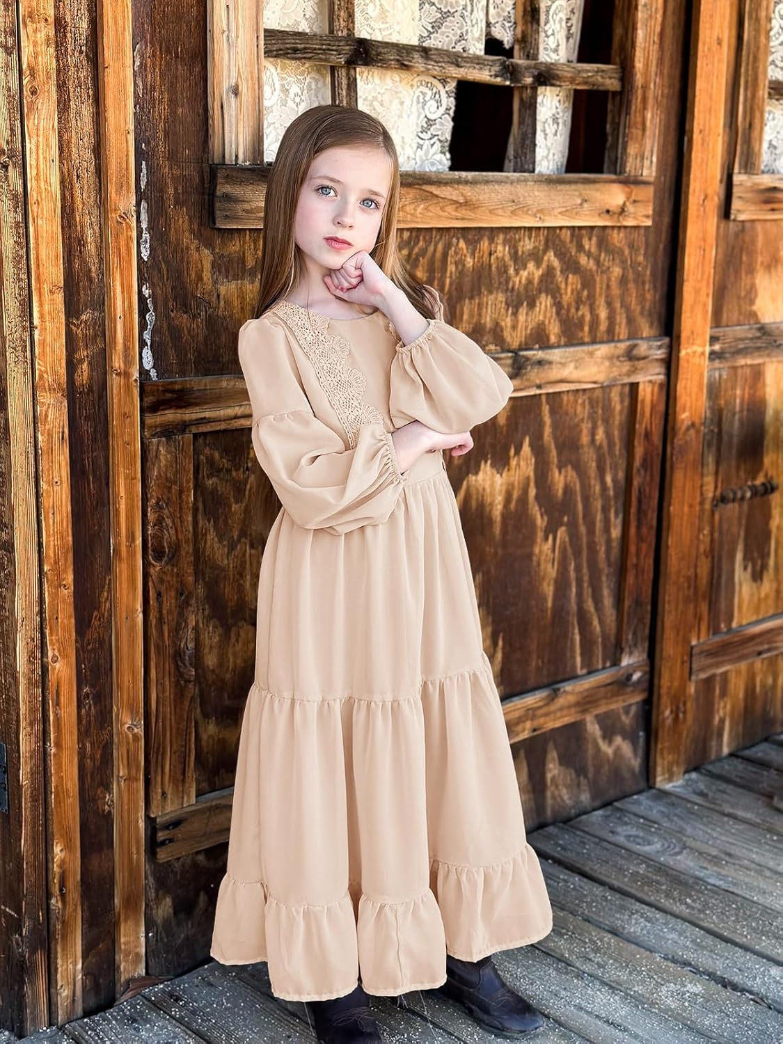 Girls Boho Dresses 3/4 Sleeve V-Back Lace Flower Crew Neck Tiered Ruffle Swing Party Maxi Dress - Image 7