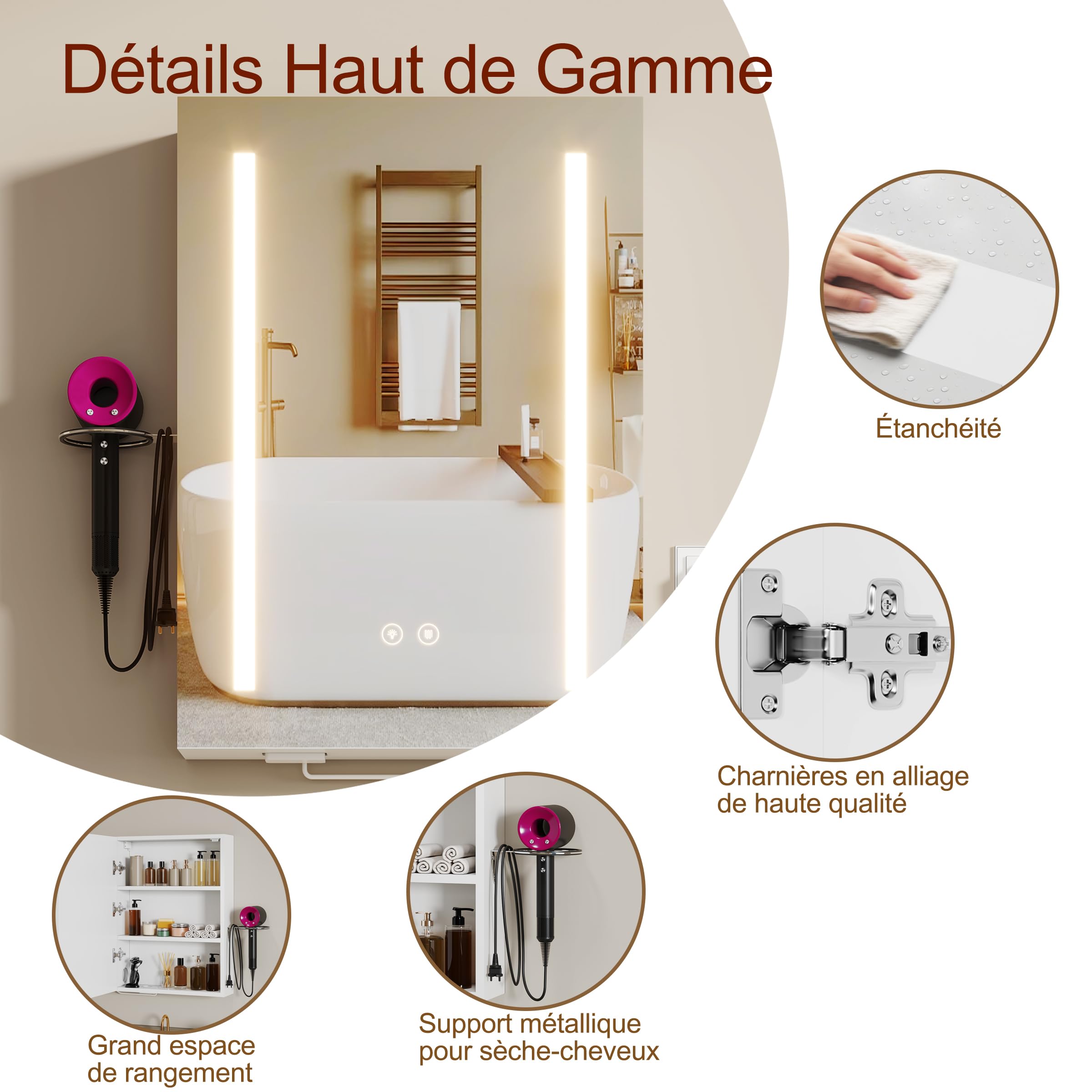 Armoire Murale Salle De Bain avec 3 Couleurs Miroir LED & 2 AC et 3 USB, Fonction DéShumidification et MéMoire,Meuble Salle De Bain Rangement avec éTagèRe RéGlable & Rangement (50x70x15cm, Blanc)