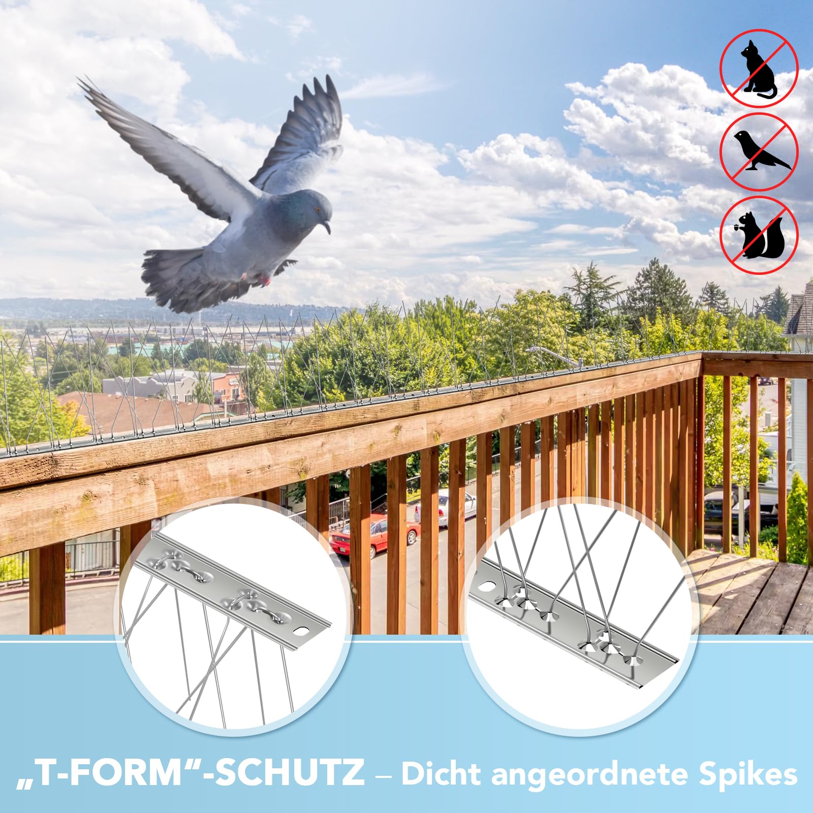 Taubenabwehr Spikes (6,6m/20-teilig) für Dach, Balkon, Fenster - Effektiver Edelstahl Vogelschreck mit robusten und verstellbaren Spikes - Vogelabwehr Spikes gegen Kotplätze und nistende Vögel