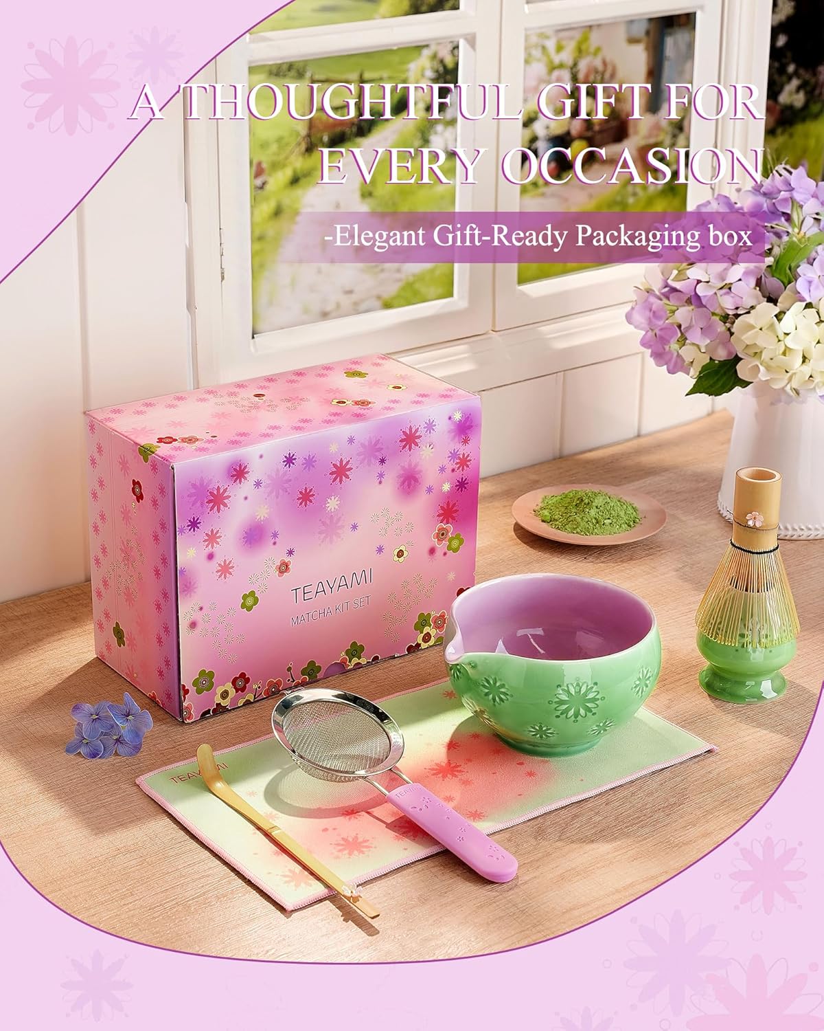 Matcha Whisk Set, 6pcs Matcha Kit Set Includes Matcha Bowl, Innovative Bamboo Whisk & Scoop with Cute Charm, Chasen Holder, 304 Sifter & Tea Mat for Japanese Tea Ceremony, Jade Green - Image 6