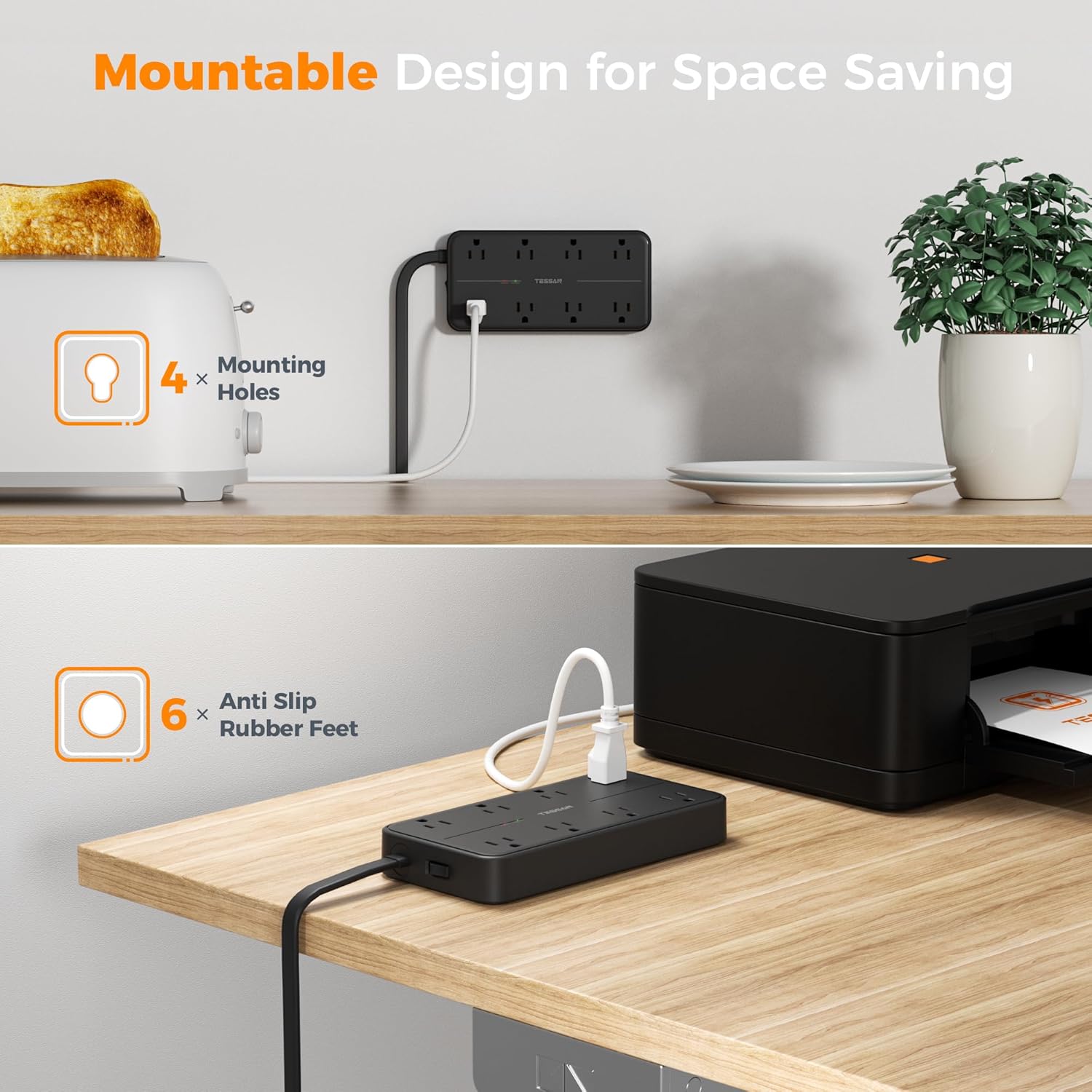 TESSAN Power Strip Surge Protector, 5FT Flat Plug Extension Cord with 8 Outlets 3 USB Charger(1 USB C), 2000 Joules Protection, Wall Mountable Charging Station for Home Office Dorm, Black