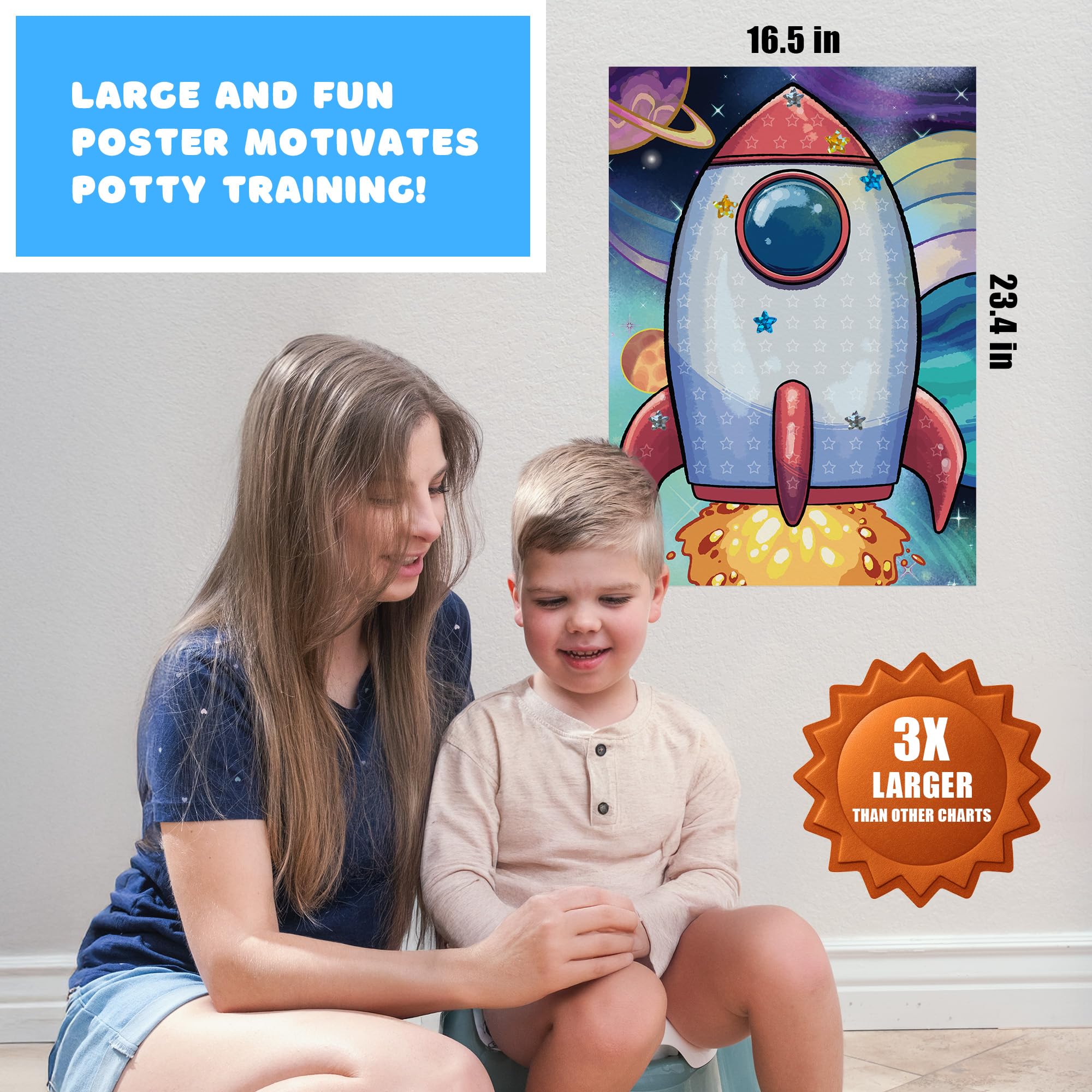 Duża tabela nagród za naukę korzystania z nocnika dla dzieci – laminowany, wodoodporny plakat ze 100 holograficznymi naklejkami z gwiazdami i paskami montażowymi bez uszkodzeń – rakieta