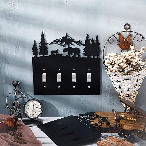 Miniatura 8 de Lothee Cubierta de metal para interruptor de oso, alce, árbol, montaña, alce, placa de luz negra, cubierta de salida de bosque, interruptor de