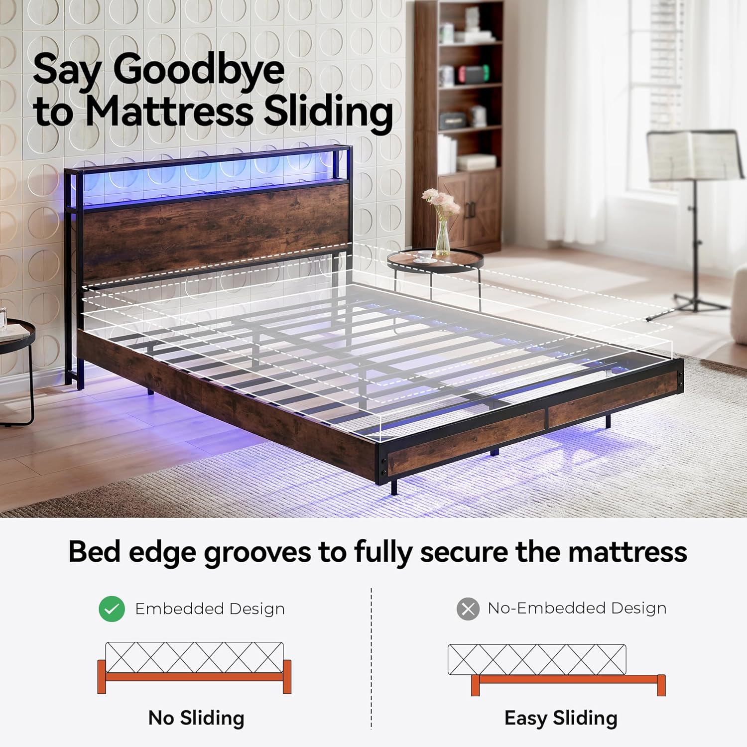 BedsPick Full Bed Frame with 2-Tier Storage Headboard, Metal Platform Full Size Bed Frame with Smart LED Lights & USB Charging Station, Noise-Free/Metal Support/No Box Spring Needed, Brown