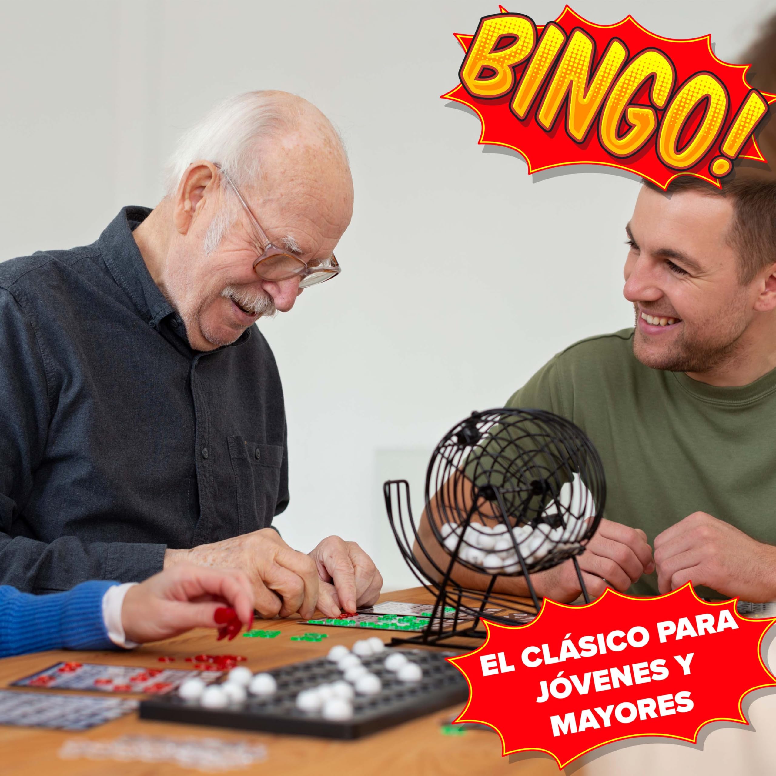 Kyto Gran Juego de Bingo Dorado de Metal con 150 fichas, 75 Bolas de Bingo y Tablero de Juego de Madera, 18 Tarjetas de Bingo estables + 500 Tarjetas de Bingo de Papel para Adultos y niños