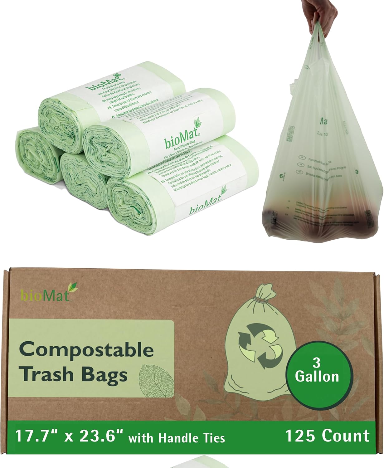 bioMat 3 Gallon Compost Bags with Handle Ties, 125 Count, Compostable Trash Bags BPI Certified ASTM D6400