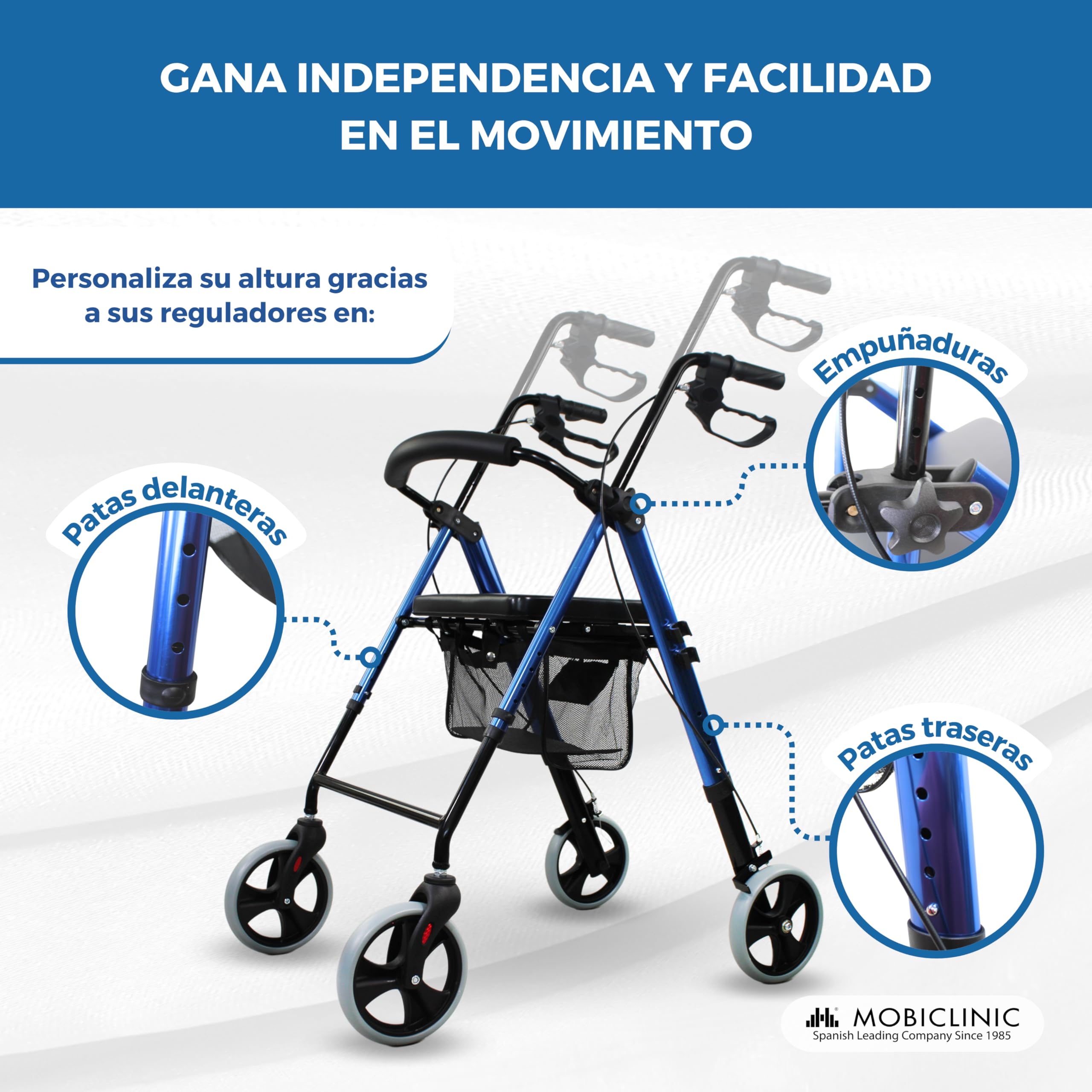 Mobiclinic®, Andador Plegable, Ligero, con Asiento y Cesta, Hércules, Frenos en Manetas, 4 Ruedas, Aluminio, Azul