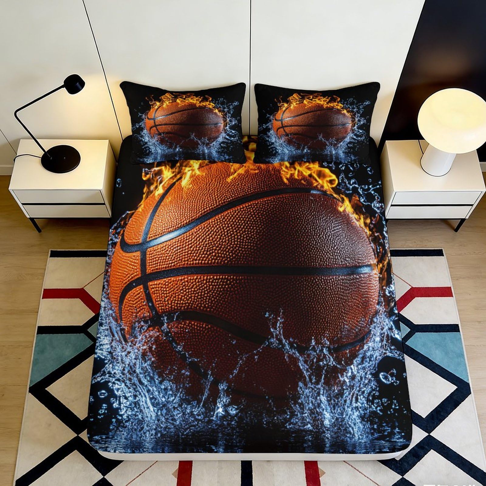 3D Printed Flaming Basketball Fitted Sheet Microfiber Soft Durable Water Splash Bed Cover for Bedroom Dormitory Guest Room Mattress Protection 180x200x25cm