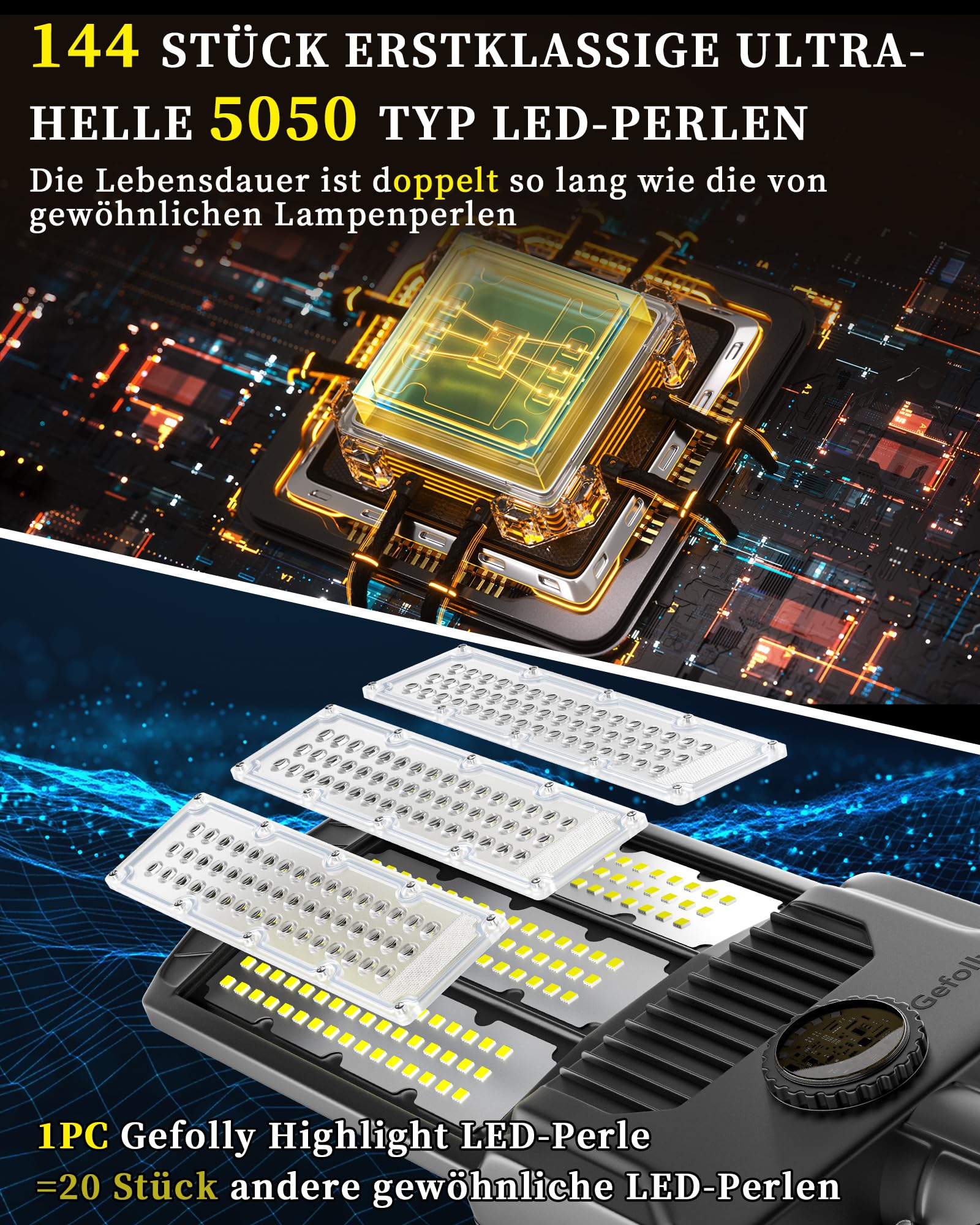 Gefolly SL-8800W Solar Straßenlaterne für Außen, Solarlampen für Außen mit Bewegungssensor, 6500K Strassenlaterne mit Fernbedienung, IP67 Wasserdicht Solarleuchten für Garten Hof Parkplatz