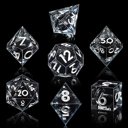 Miniatura 15 de AUSTOR Juego de dados DND de resina de núcleo líquido, de borde afilado, 7 troqueles, juego de dados DND de arena movediza hechos a mano