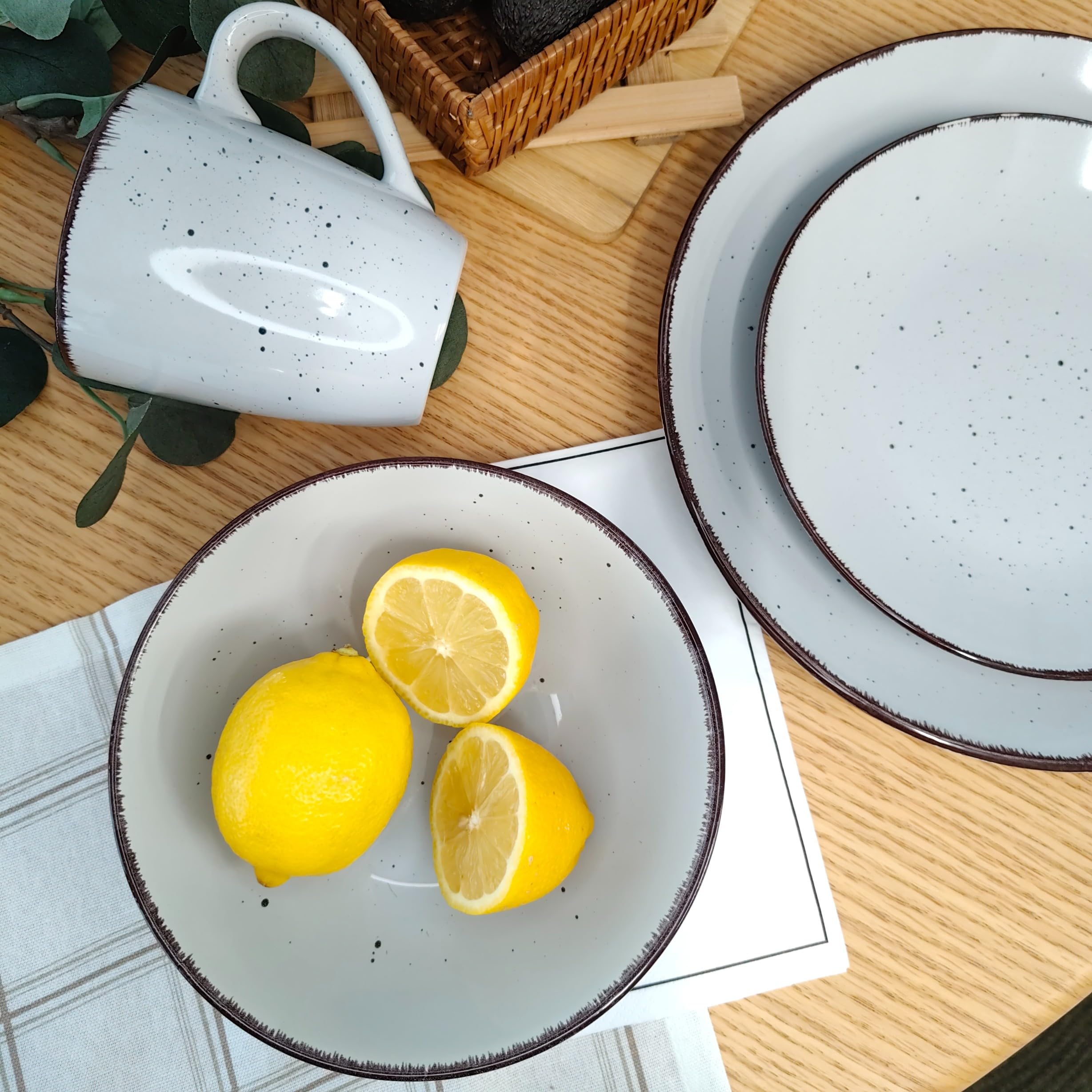 LIVELLO DUNA – Serwis Obiadowy z Kubkami 24 Elementy dla 6 Osób, Szara Kamionka, Zestaw Talerzy Obiadowych, Głębokich i Deserowych + Kubki 450 ml, Nowoczesna Zastawa Stołowa