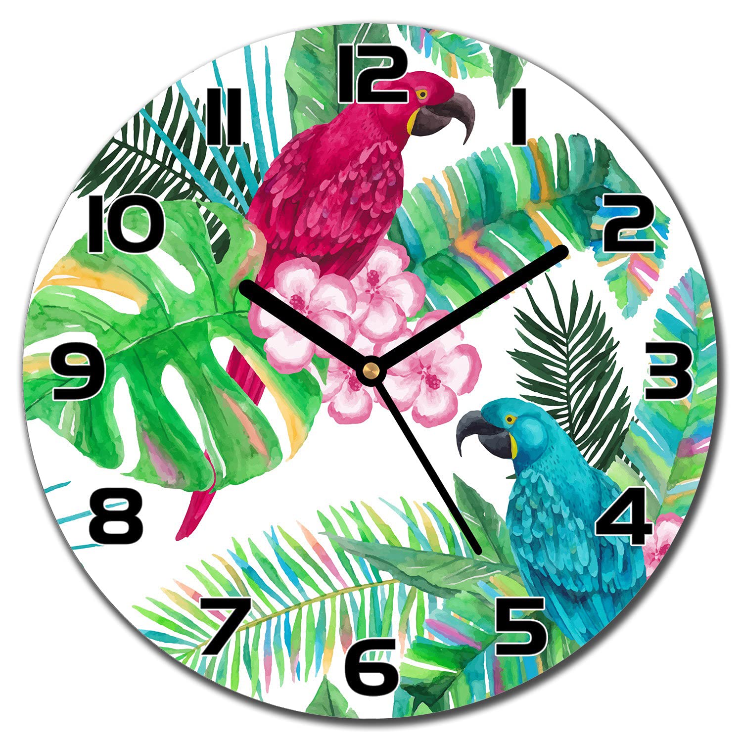 Horloge en verre 30 cm perroquet avec aiguilles noires pour salon