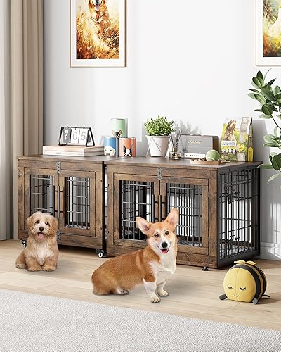 Miniatura 4 de Mueble de jaula para perros con cojín, perrera de madera para interiores con puertas dobles, jaula para perros con ruedas, mesa auxiliar de casa