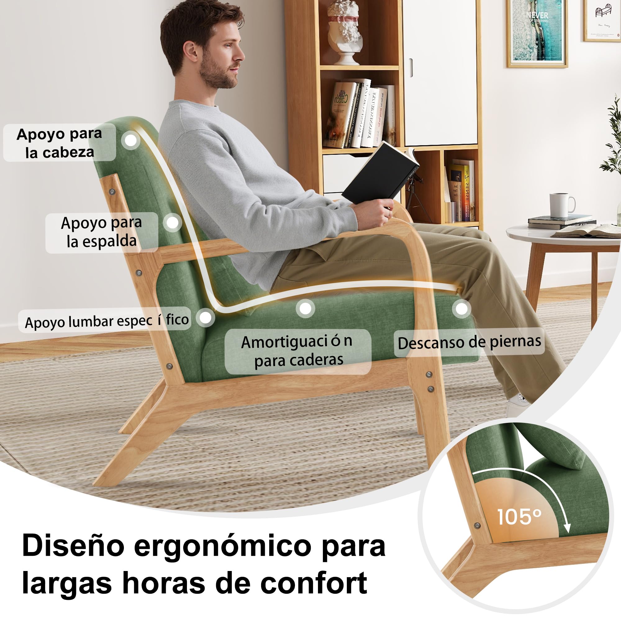 Butacas de Salon Sillon Relax con Cojín Lumbar, Sillones para el Salón Sillón Acolchado de Madera Maciza para Salón y Dormitorio, Sillón de Lectura para Espacios Pequeños Verde 1PC